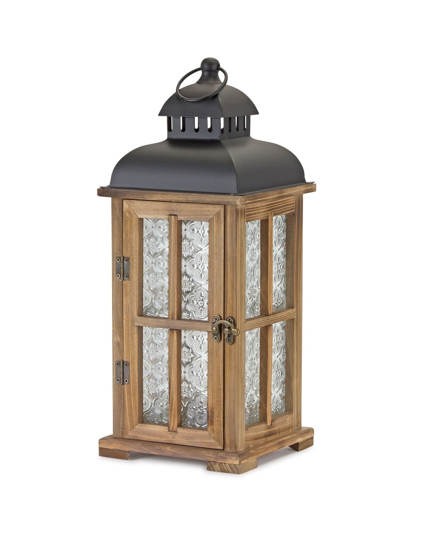 Set of Two Brown and Black Frosted Glass Wood and Metal Floor Lantern Candle Holders-Candle Holders-DECOROLALA