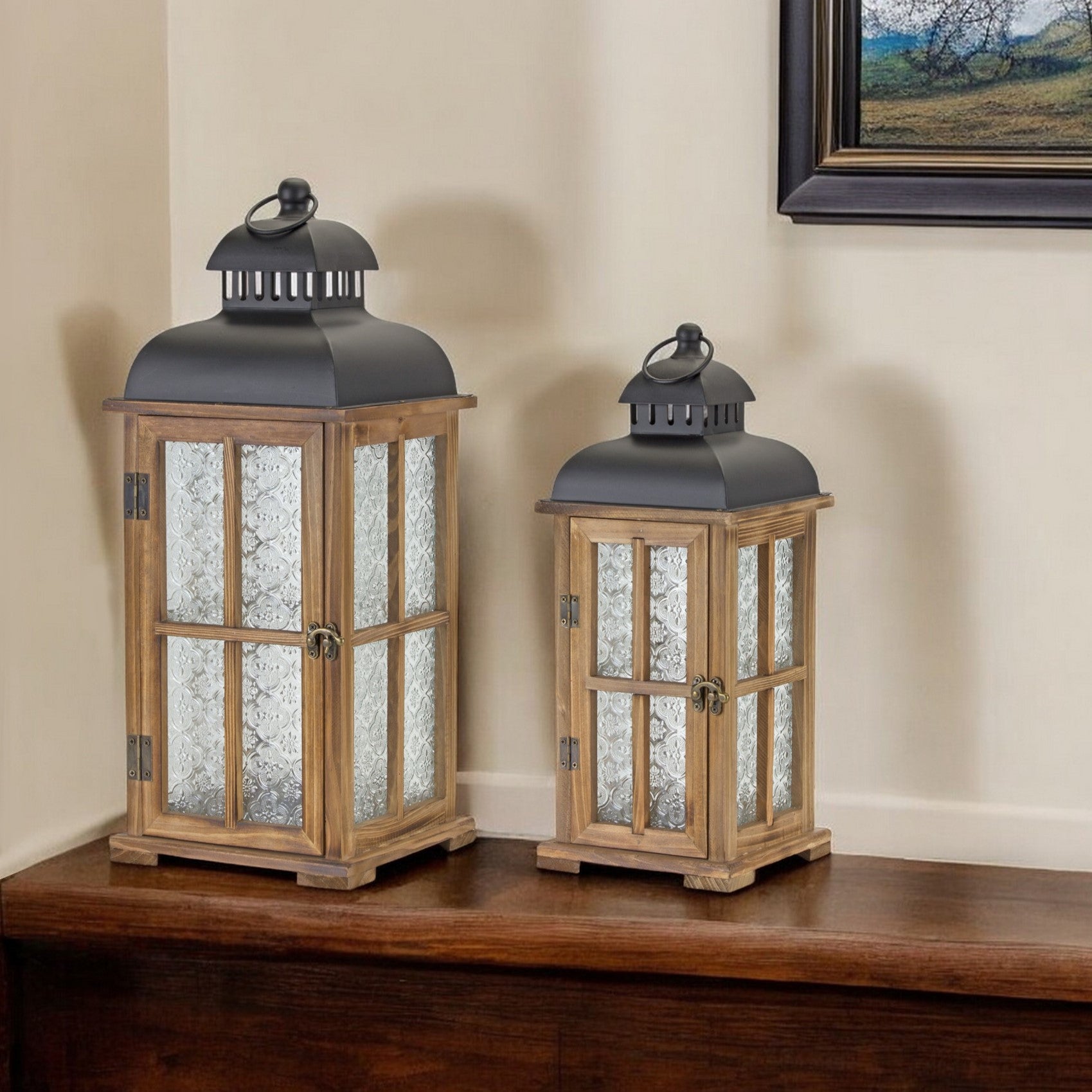 Set of Two Brown and Black Frosted Glass Wood and Metal Floor Lantern Candle Holders-Candle Holders-DECOROLALA