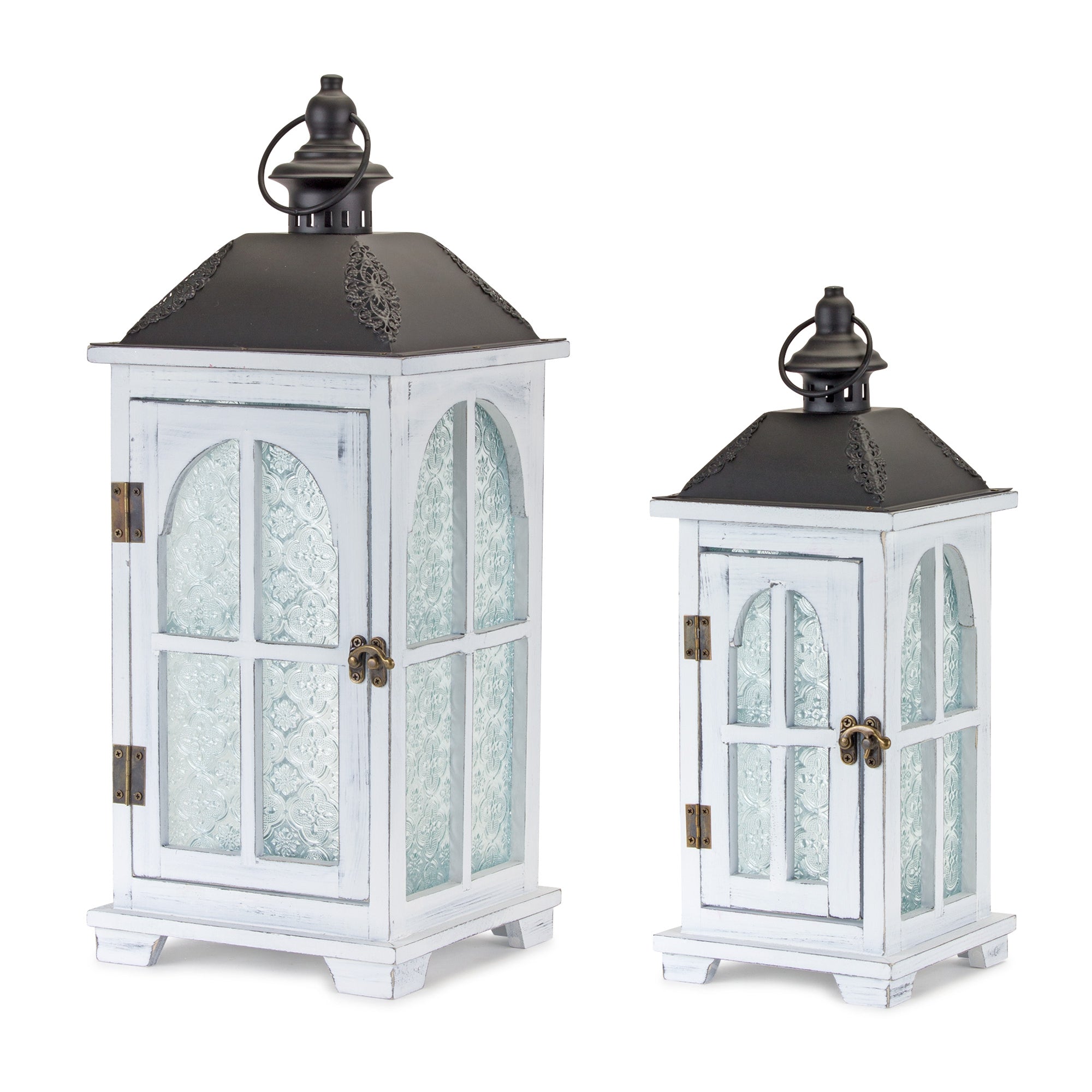 Set of Two White And Black Distressed Ornate Glass Wood And Metal Floor Lantern Candle Holders-Candle Holders-DECOROLALA