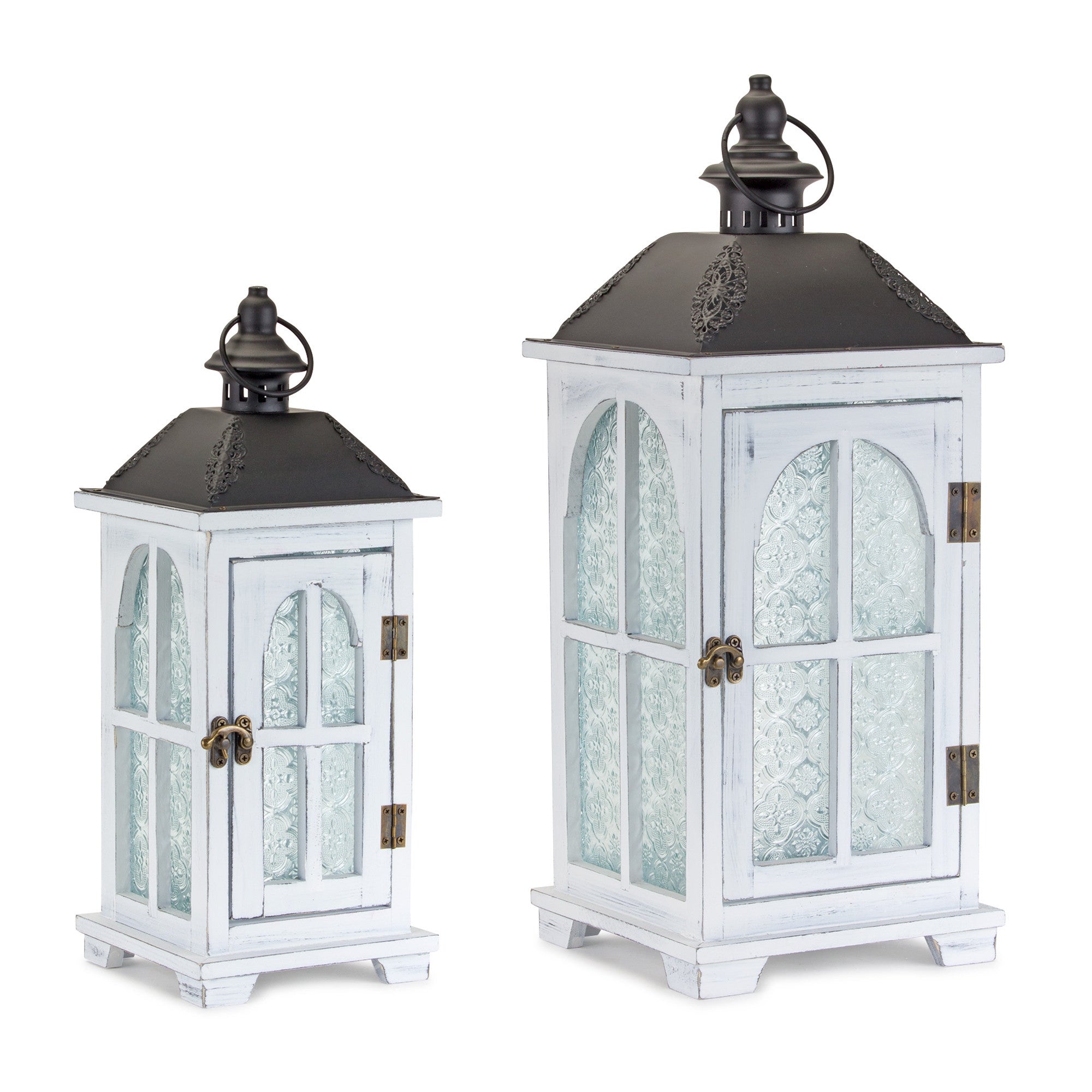 Set of Two White And Black Distressed Ornate Glass Wood And Metal Floor Lantern Candle Holders-Candle Holders-DECOROLALA