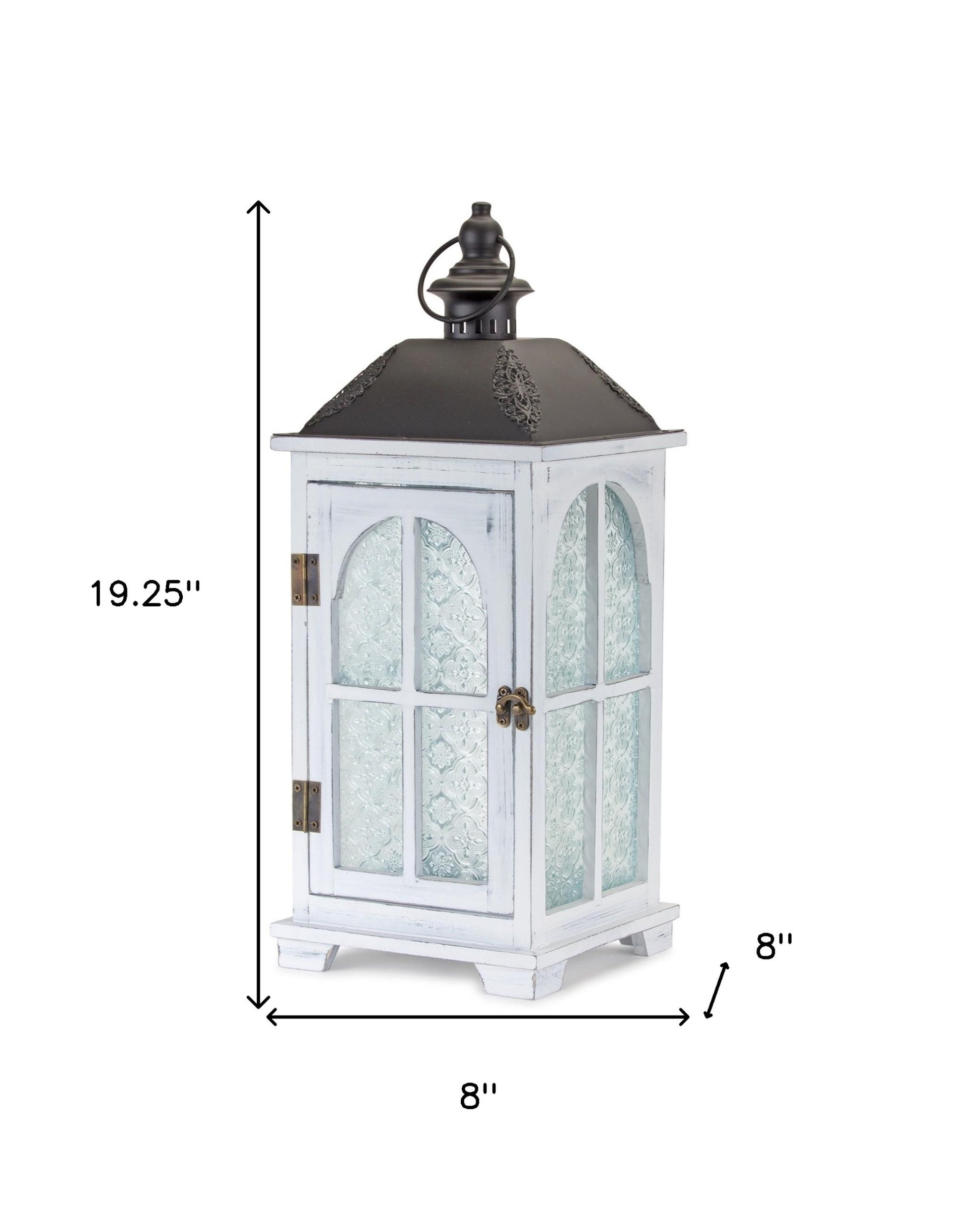 Set of Two White And Black Distressed Ornate Glass Wood And Metal Floor Lantern Candle Holders-Candle Holders-DECOROLALA