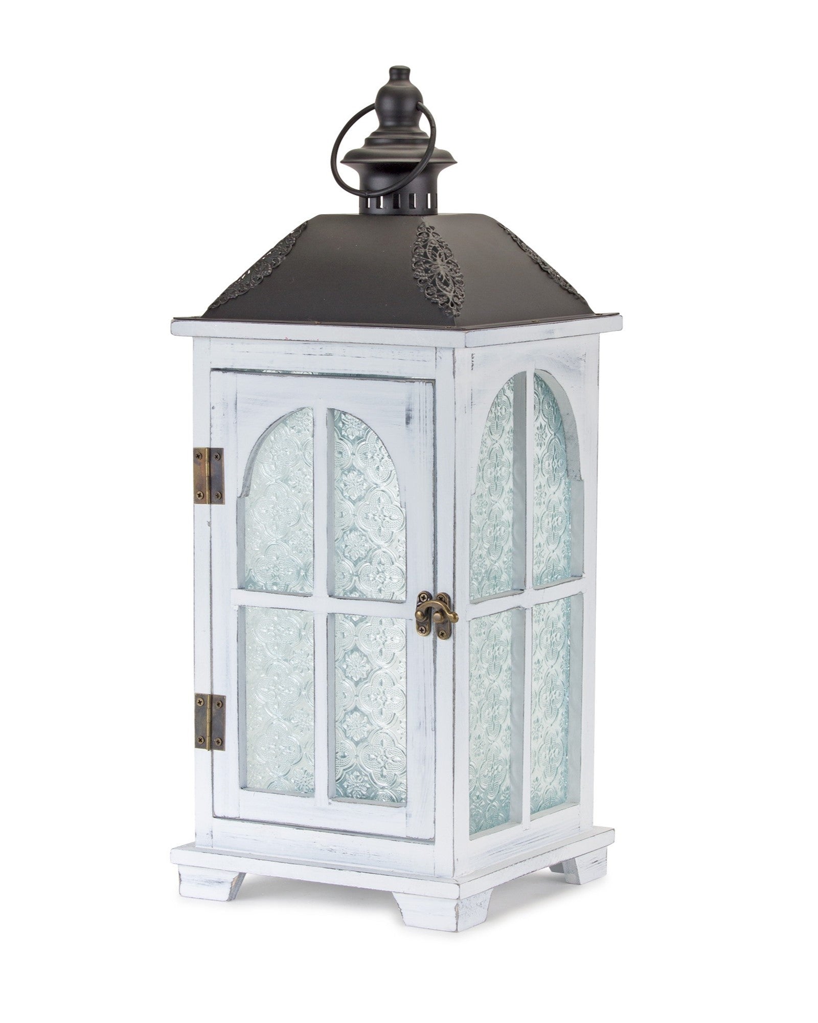 Set of Two White And Black Distressed Ornate Glass Wood And Metal Floor Lantern Candle Holders-Candle Holders-DECOROLALA