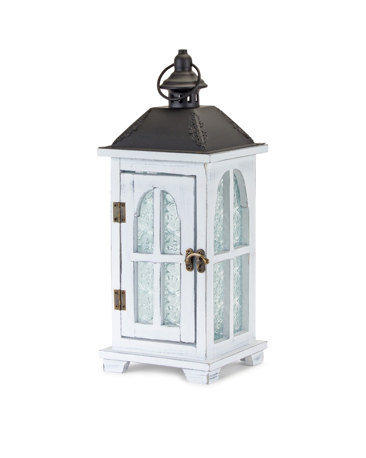 Set of Two White And Black Distressed Ornate Glass Wood And Metal Floor Lantern Candle Holders-Candle Holders-DECOROLALA