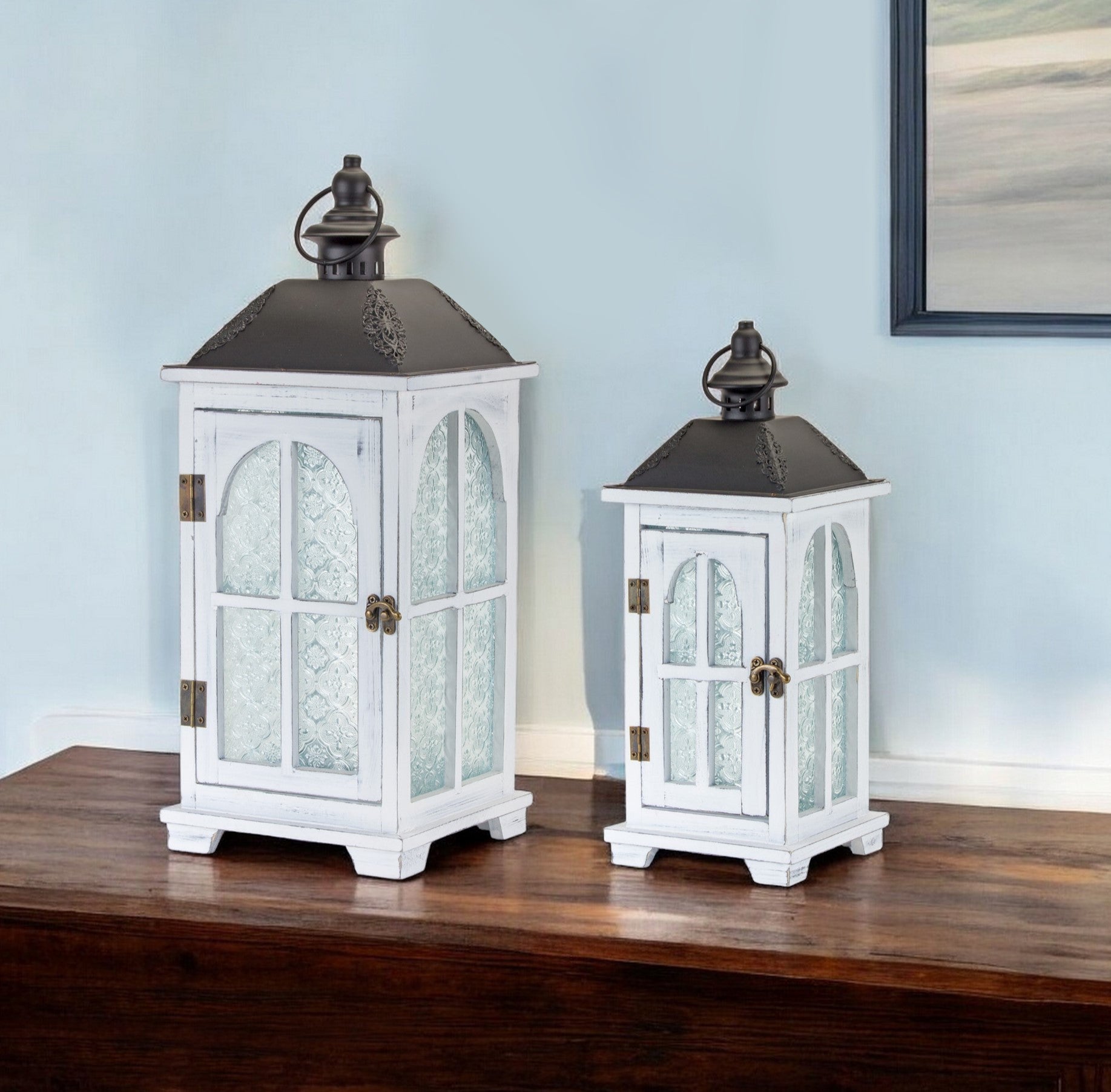 Set of Two White And Black Distressed Ornate Glass Wood And Metal Floor Lantern Candle Holders-Candle Holders-DECOROLALA