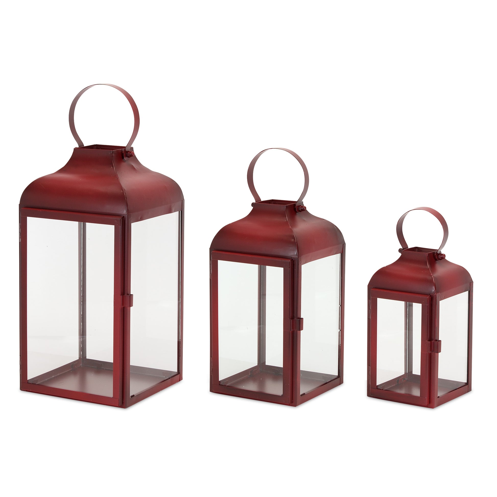 Set of Two Red Distressed Iron Floor Lantern Candle Holders-1