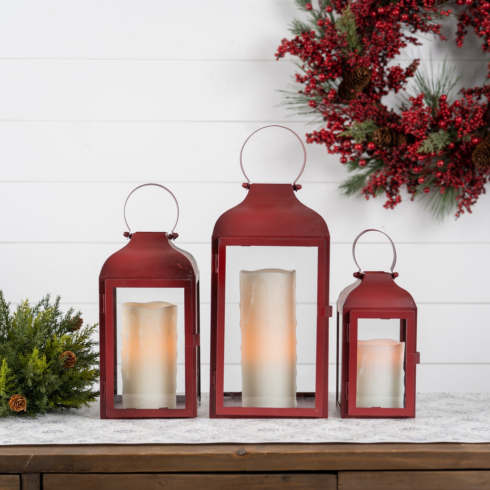 Set of Two Red Distressed Iron Floor Lantern Candle Holders-4
