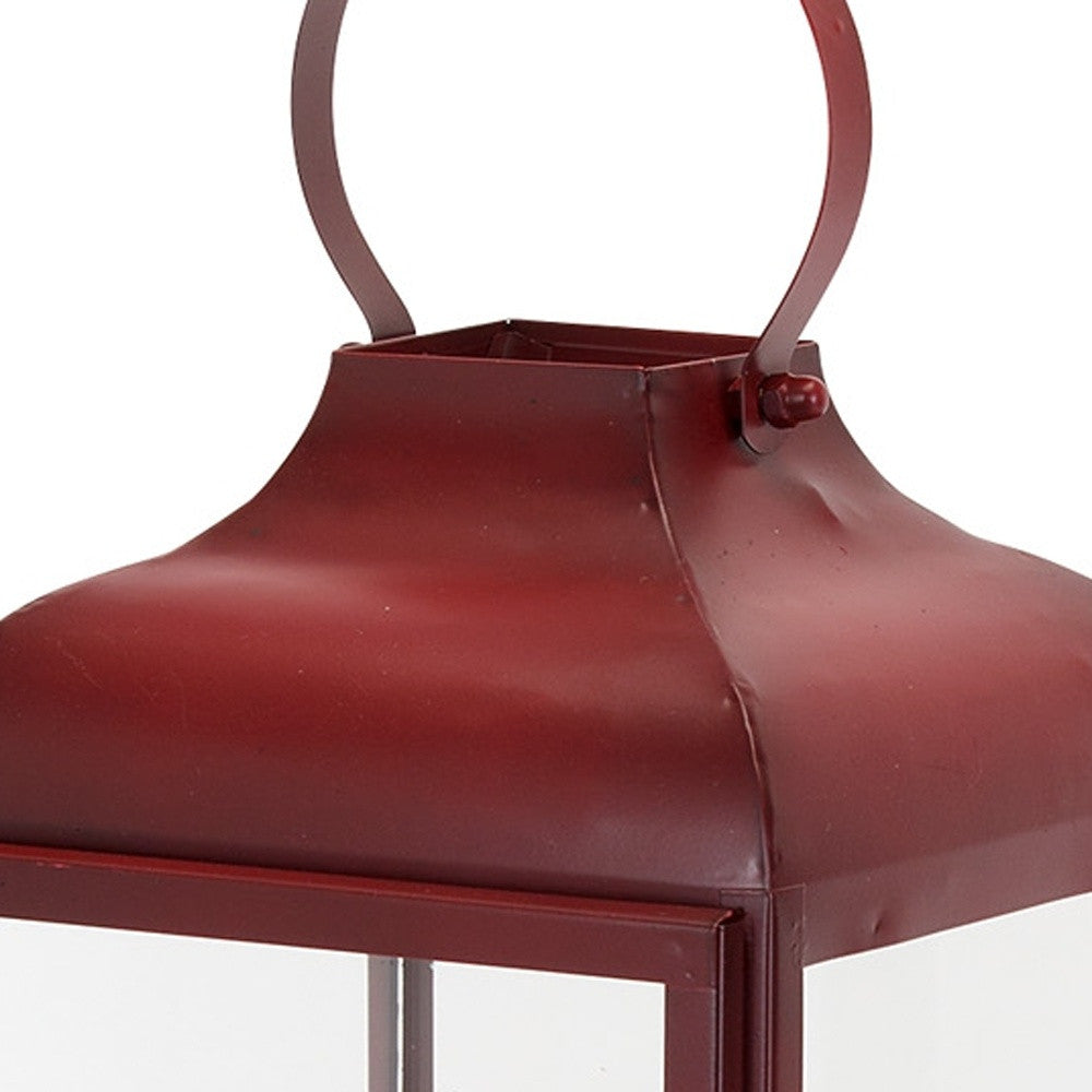 Set of Two Red Distressed Iron Floor Lantern Candle Holders-2