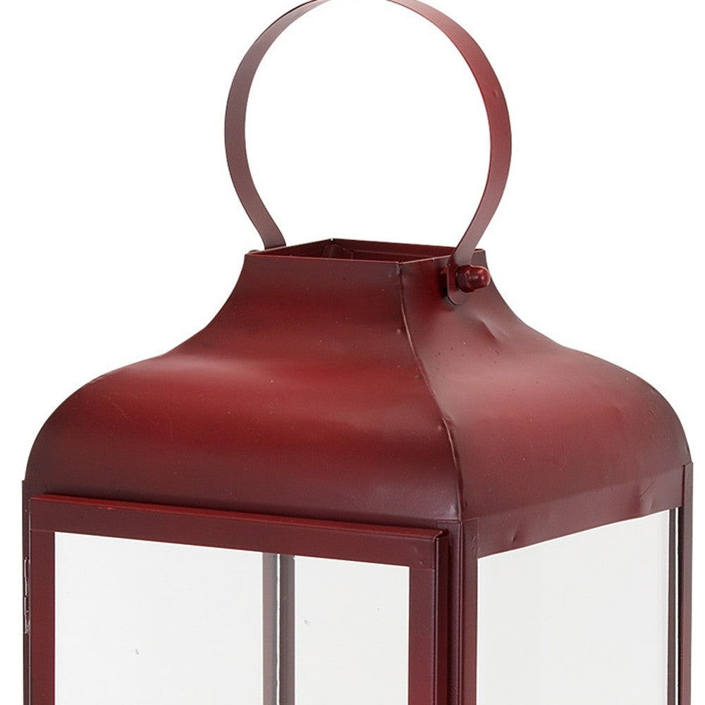 Set of Two Red Distressed Iron Floor Lantern Candle Holders-3