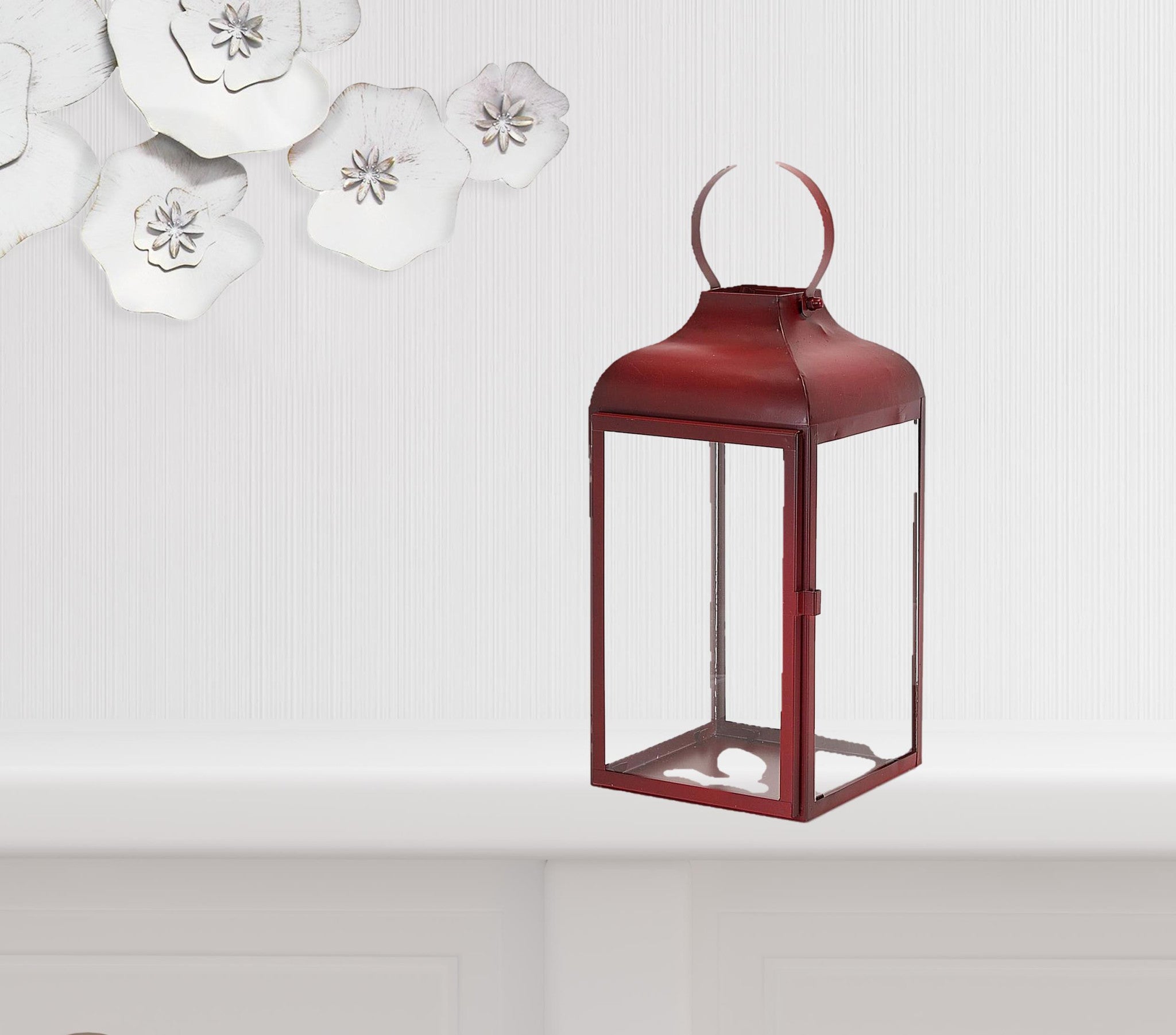 Set of Two Red Distressed Iron Floor Lantern Candle Holders-0