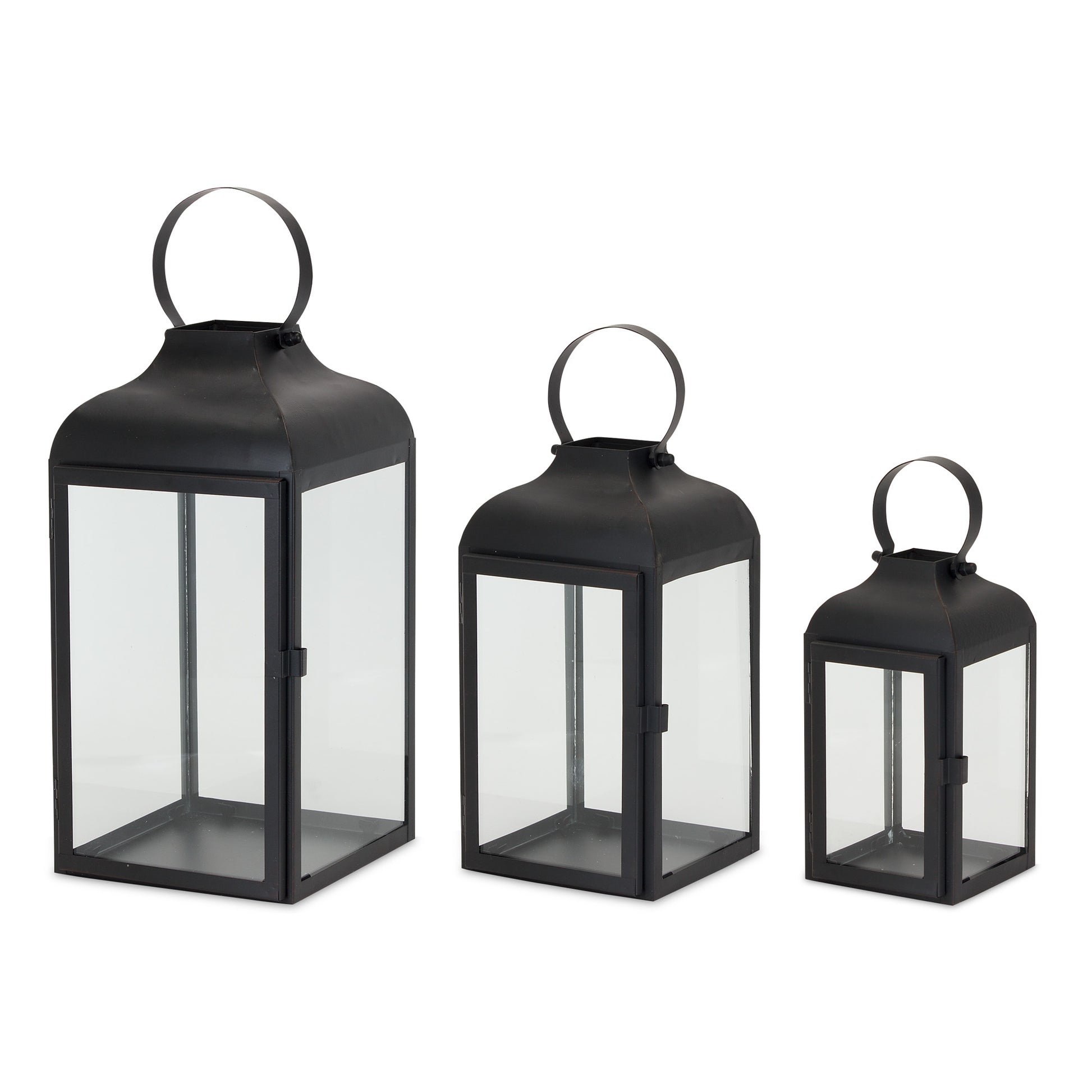 Set of Two Black Distressed Iron Floor Lantern Candle Holders-2