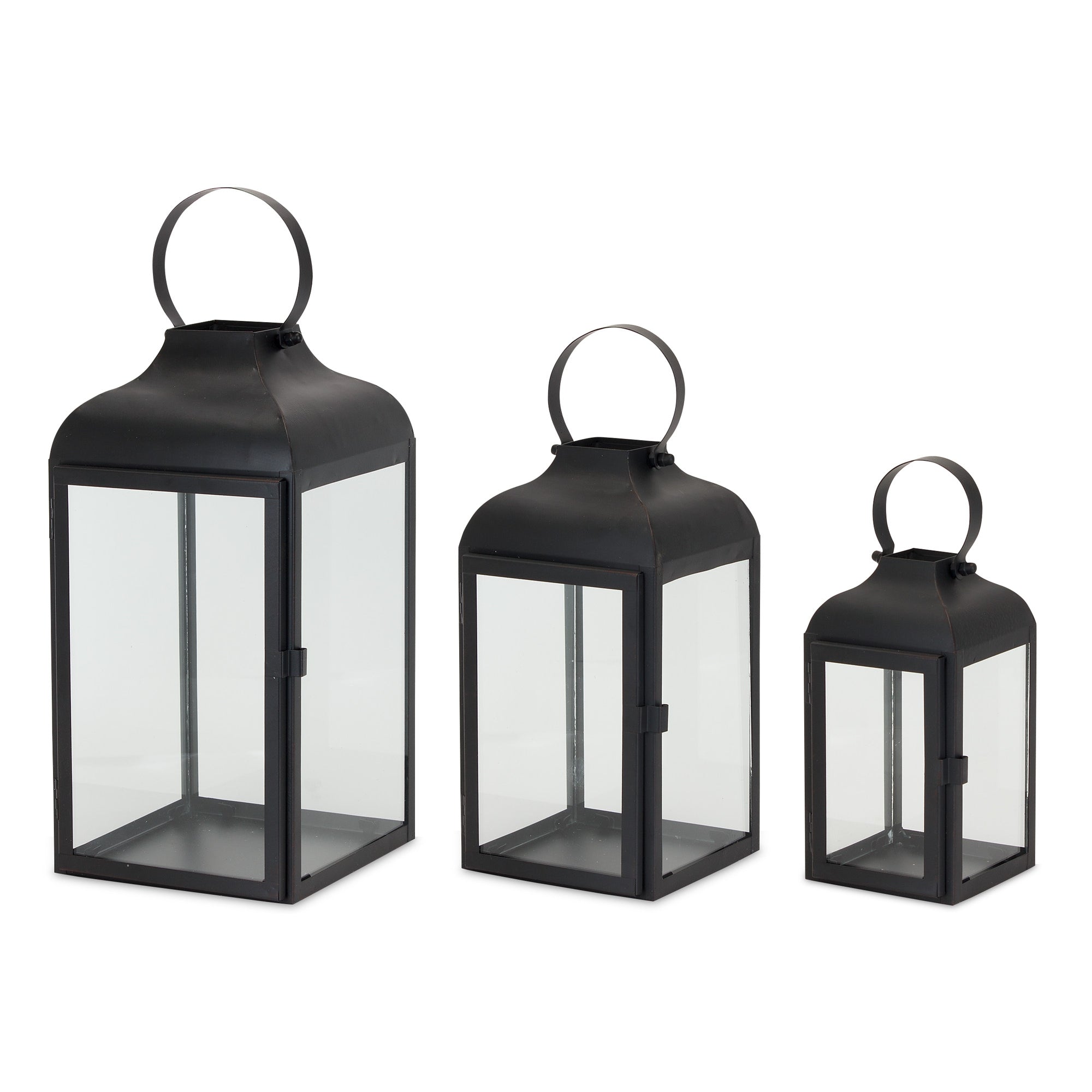 Set of Two Black Distressed Iron Floor Lantern Candle Holders-2