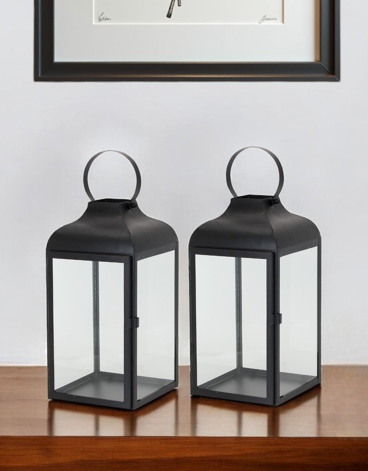 Set of Two Black Distressed Iron Floor Lantern Candle Holders-0
