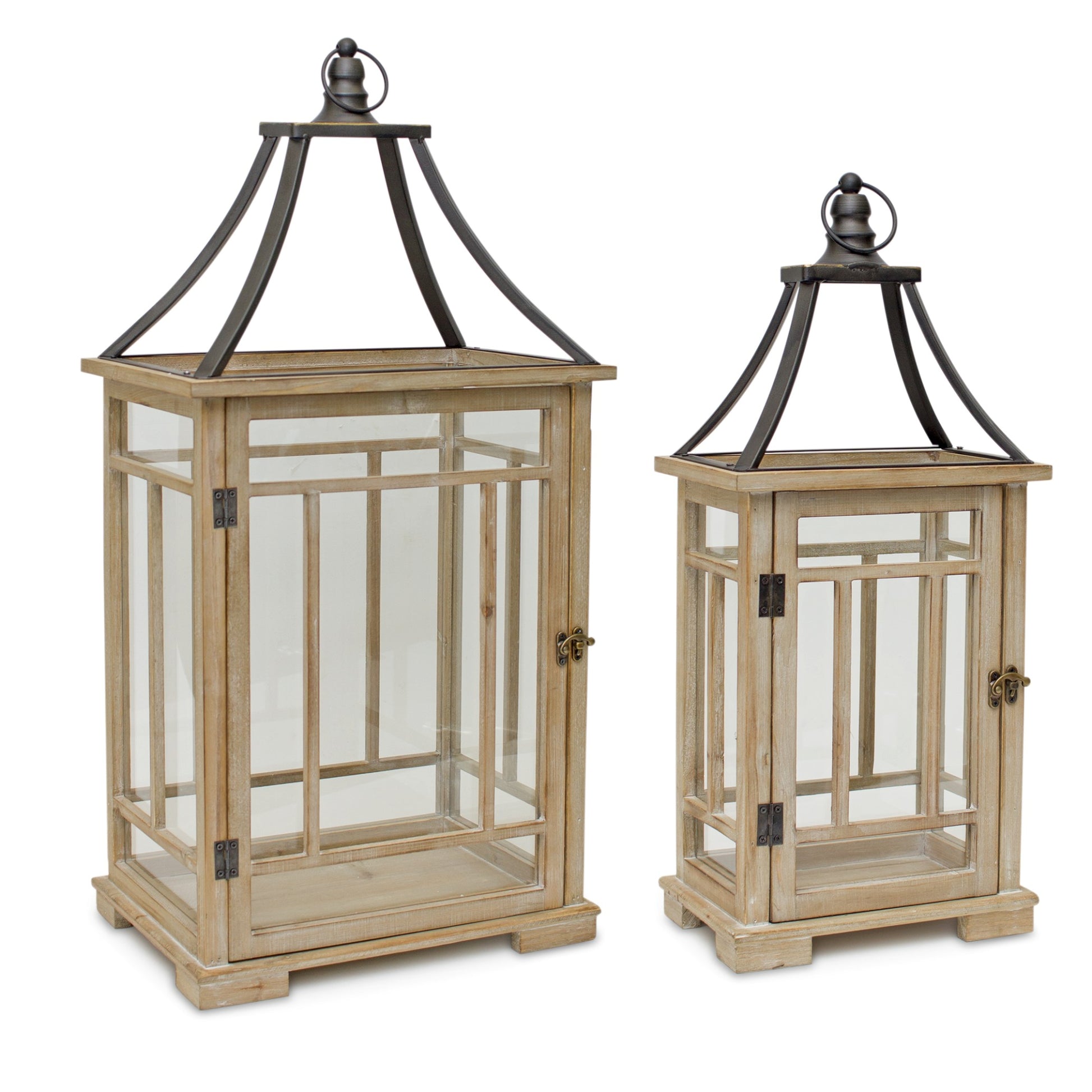Set of Two Brown And Black Distressed Geometric Wood And Metal Tabletop Lantern Candle Holders-Candle Holders-DECOROLALA