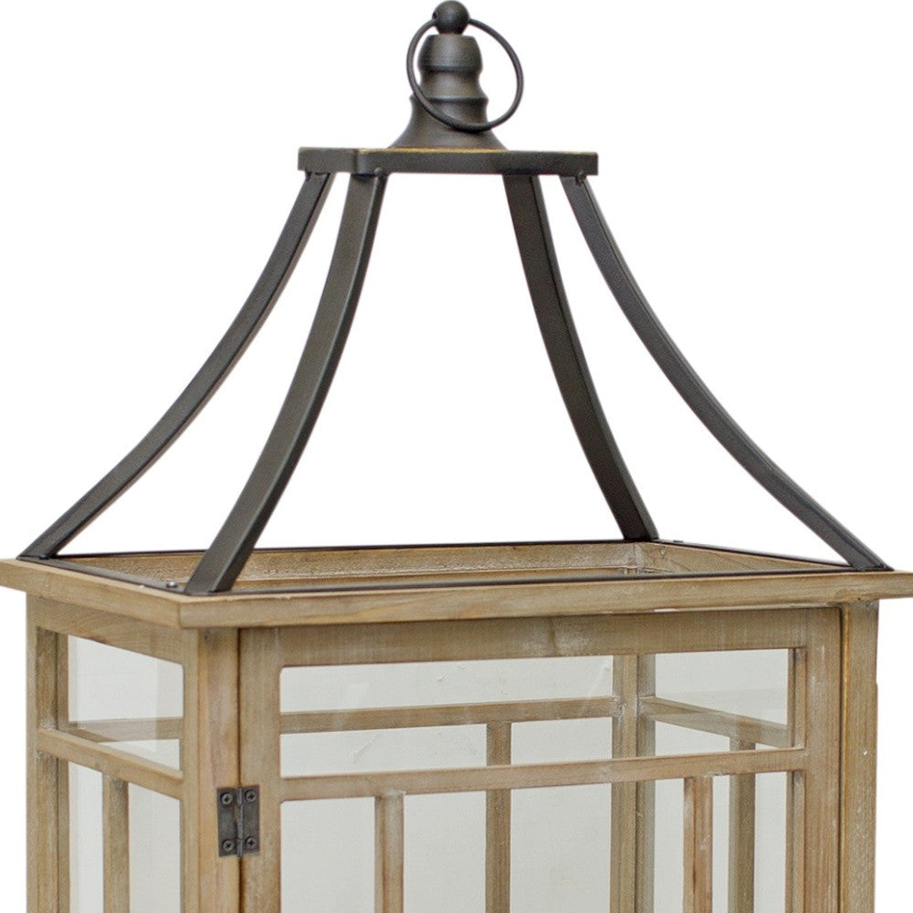 Set of Two Brown And Black Distressed Geometric Wood And Metal Tabletop Lantern Candle Holders-Candle Holders-DECOROLALA