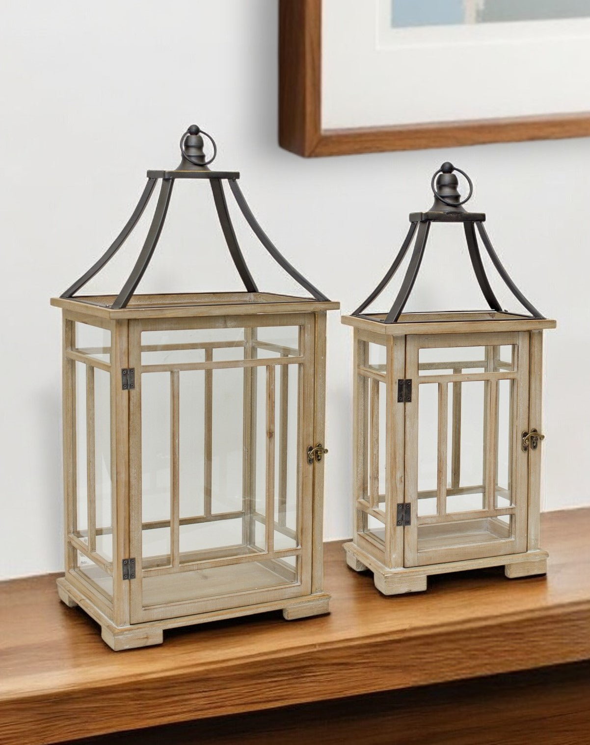 Set of Two Brown And Black Distressed Geometric Wood And Metal Tabletop Lantern Candle Holders-Candle Holders-DECOROLALA