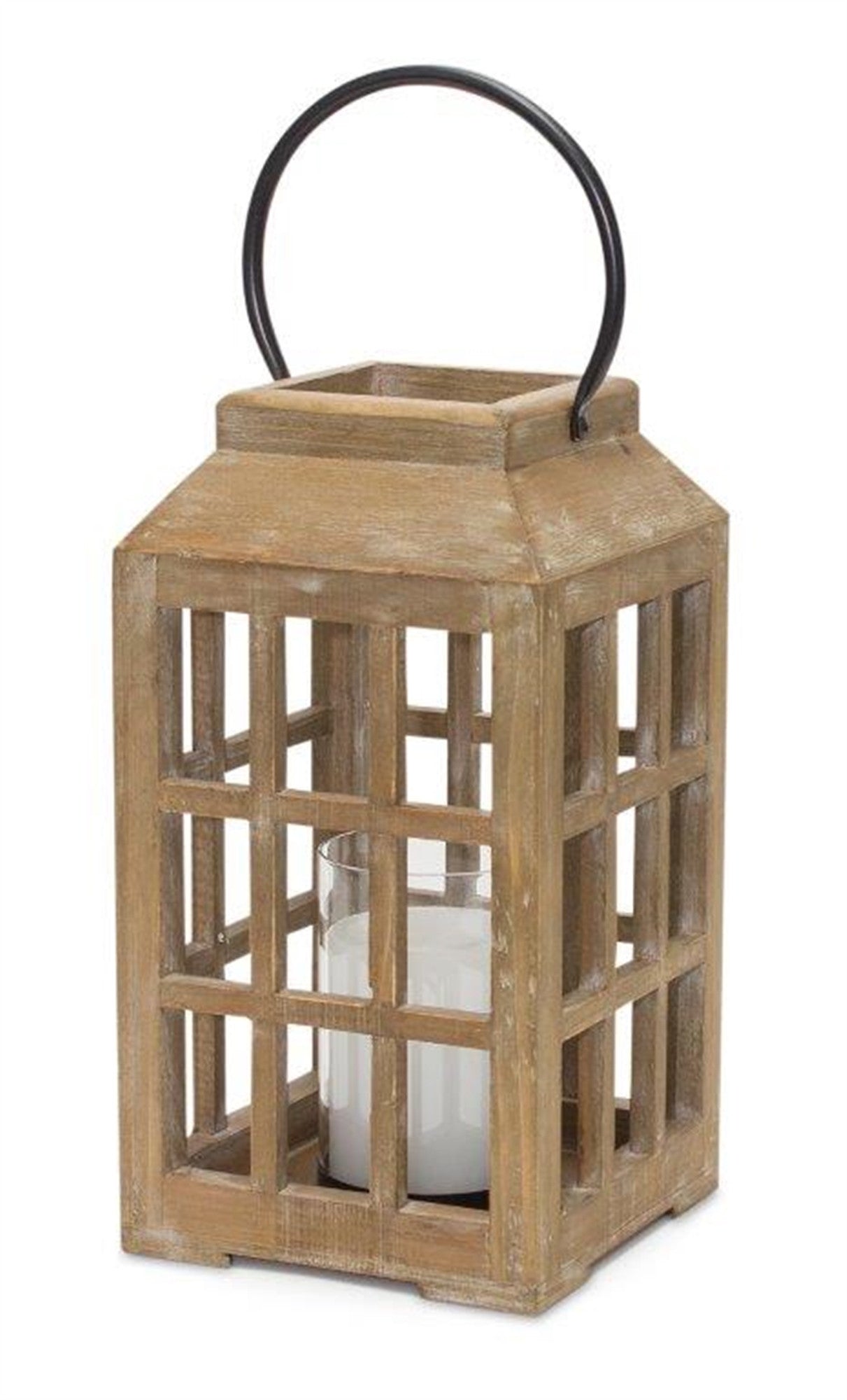 13" Natural Distressed Wood And Glass Centerpiece Lantern Candle Holder-Candle Holders-DECOROLALA