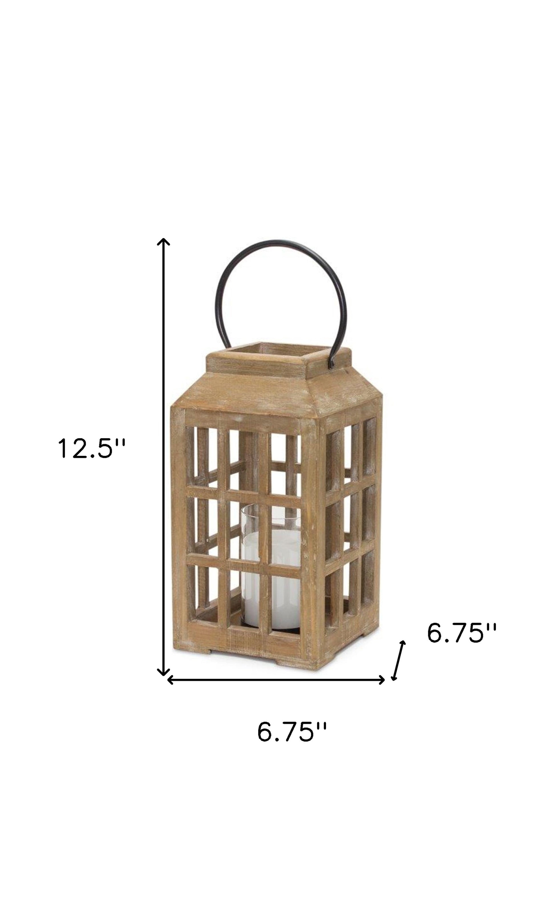 13" Natural Distressed Wood And Glass Centerpiece Lantern Candle Holder-Candle Holders-DECOROLALA