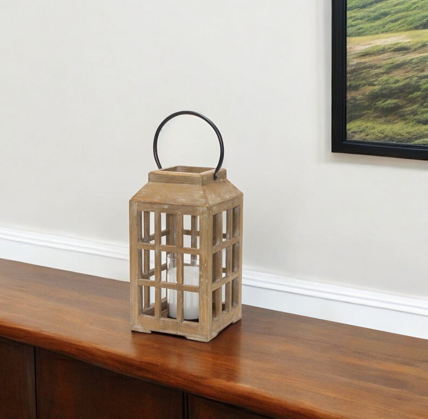 13" Natural Distressed Wood And Glass Centerpiece Lantern Candle Holder-Candle Holders-DECOROLALA