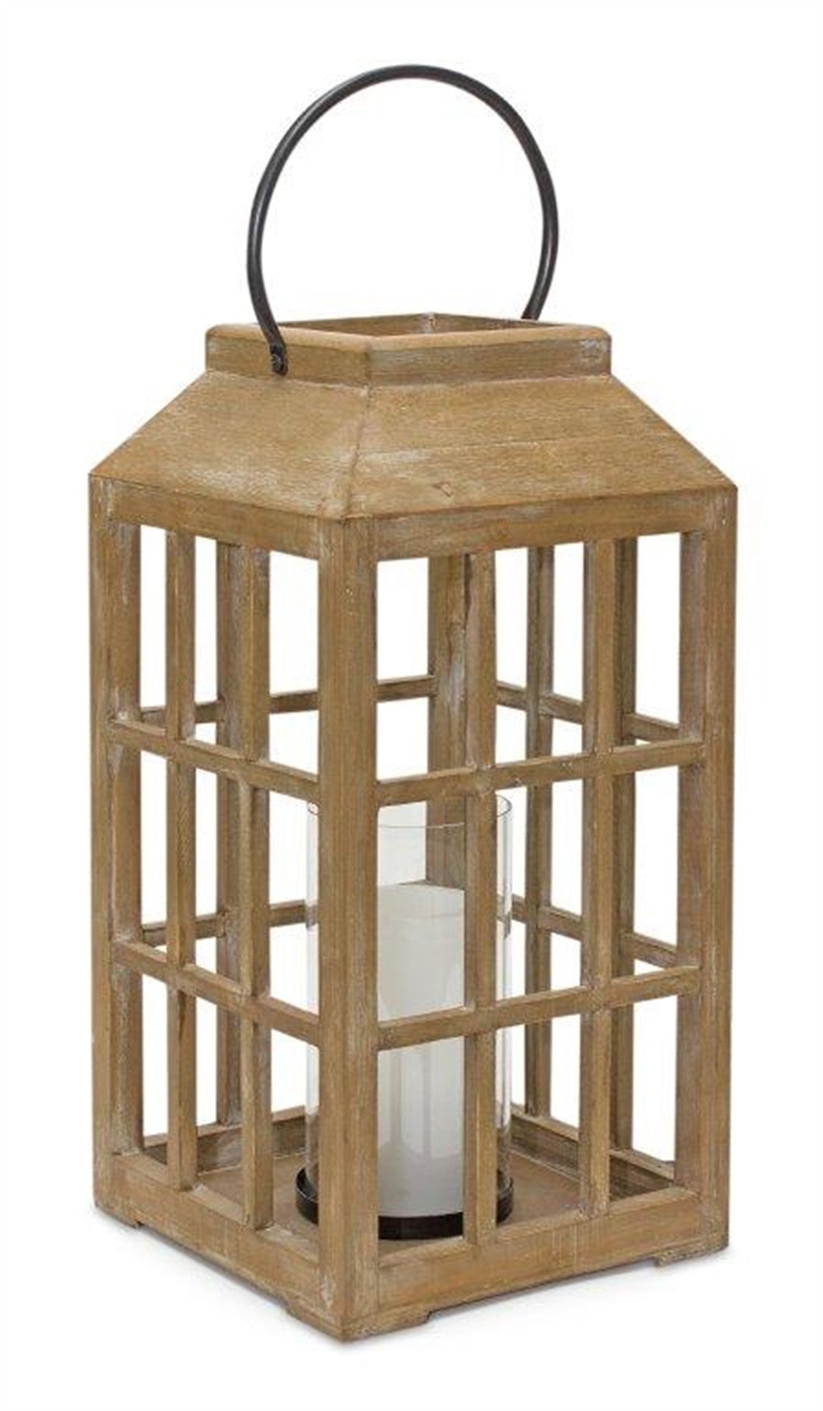 18" Natural Distressed Geometric Wood And Glass Centerpiece Lantern Candle Holder-Candle Holders-DECOROLALA