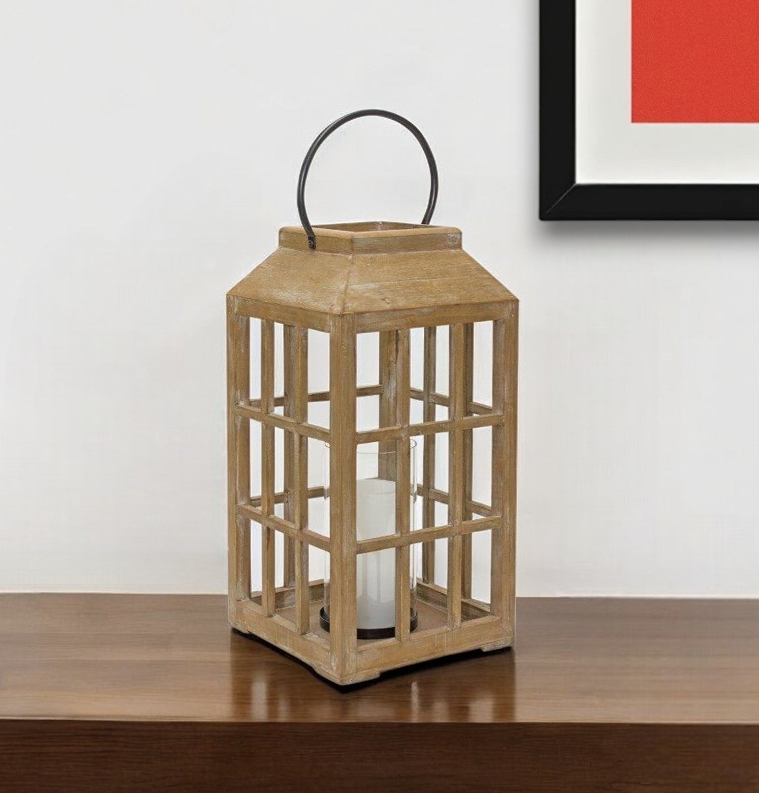 18" Natural Distressed Geometric Wood And Glass Centerpiece Lantern Candle Holder-Candle Holders-DECOROLALA