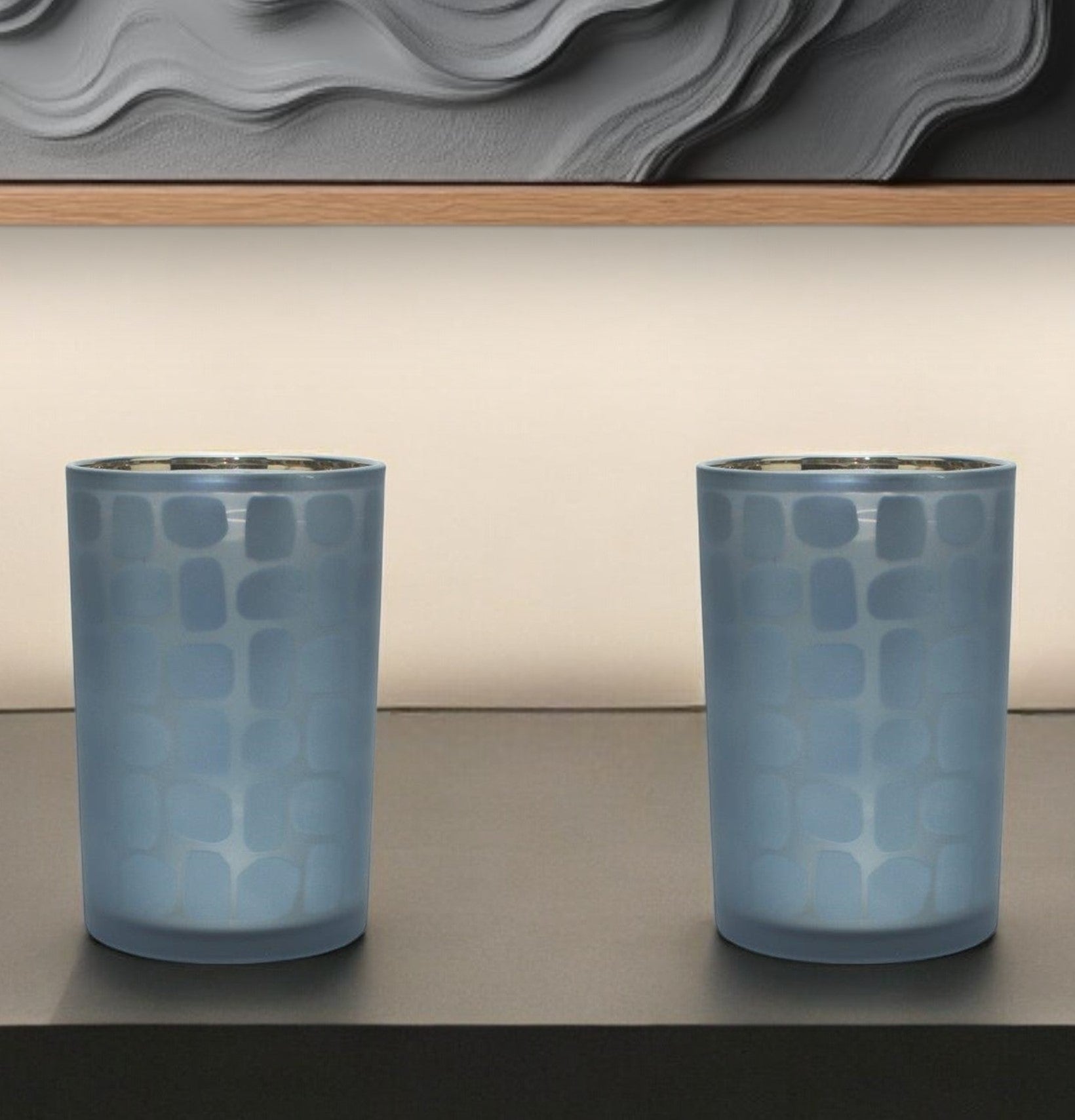Set of Two Navy Blue Abstract Glass Tabletop Tealight Candle Holders-Candle Holders-DECOROLALA