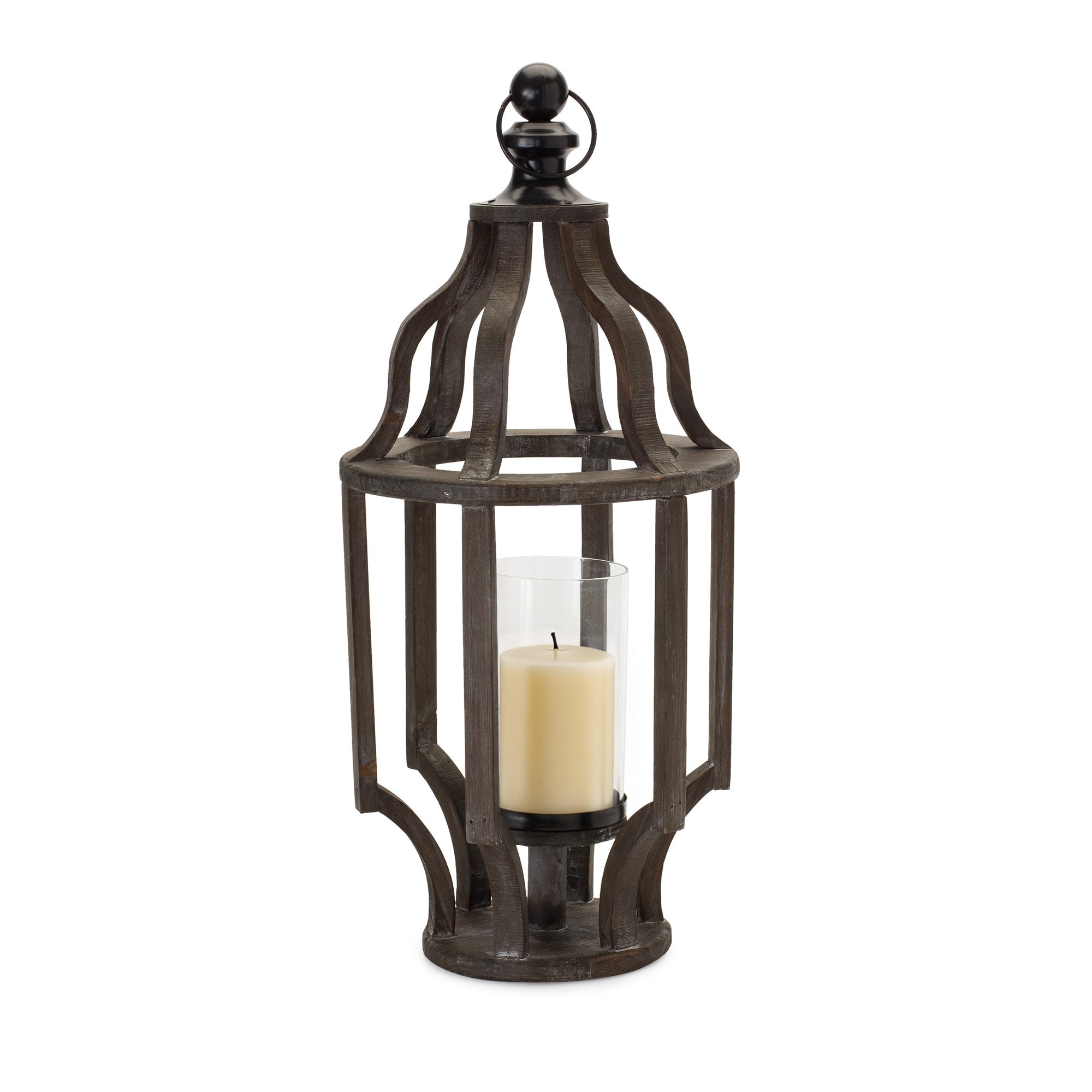 23" Black Geometric Wood And Glass Tabletop Lantern Candle Holder-Candle Holders-DECOROLALA