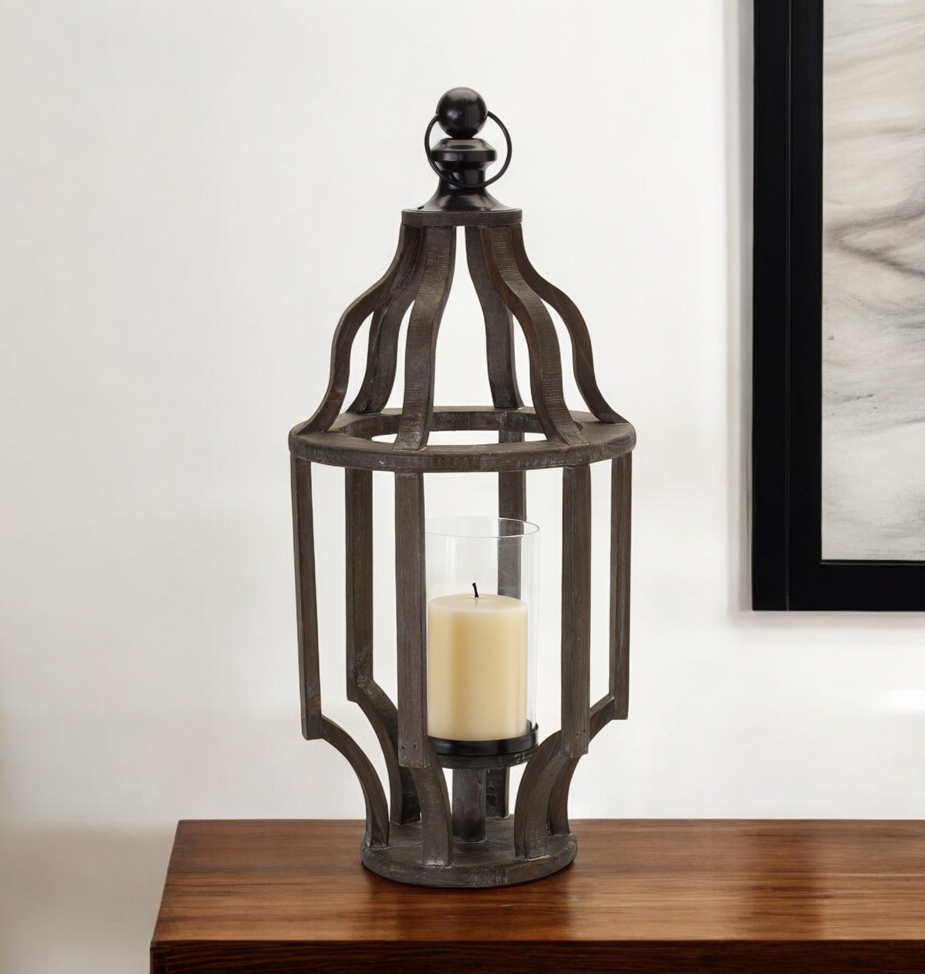 23" Black Geometric Wood And Glass Tabletop Lantern Candle Holder-Candle Holders-DECOROLALA
