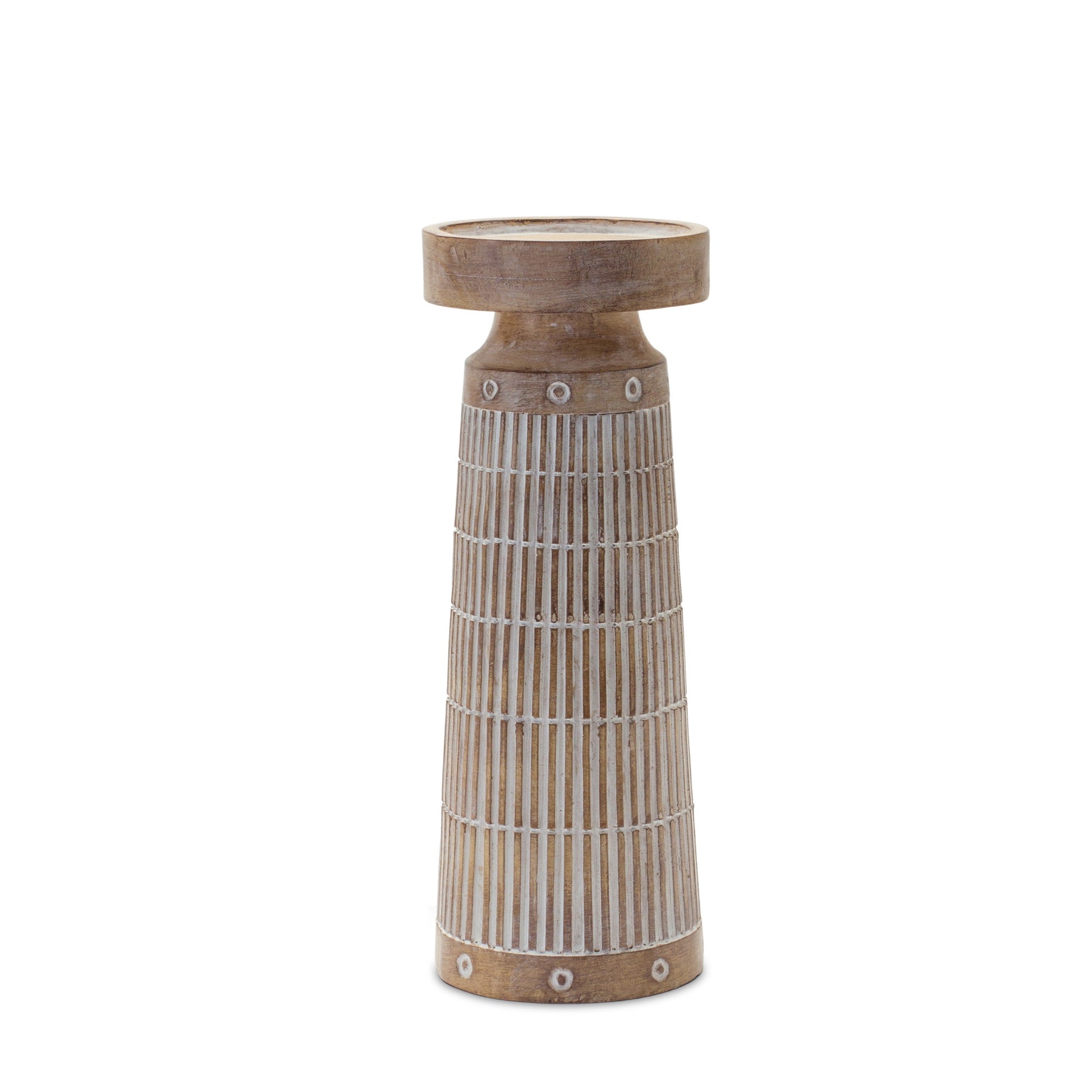 Set of Three Natural And White Distressed Geometric Polyresin Tabletop Pillar Candle Holders-Candle Holders-DECOROLALA