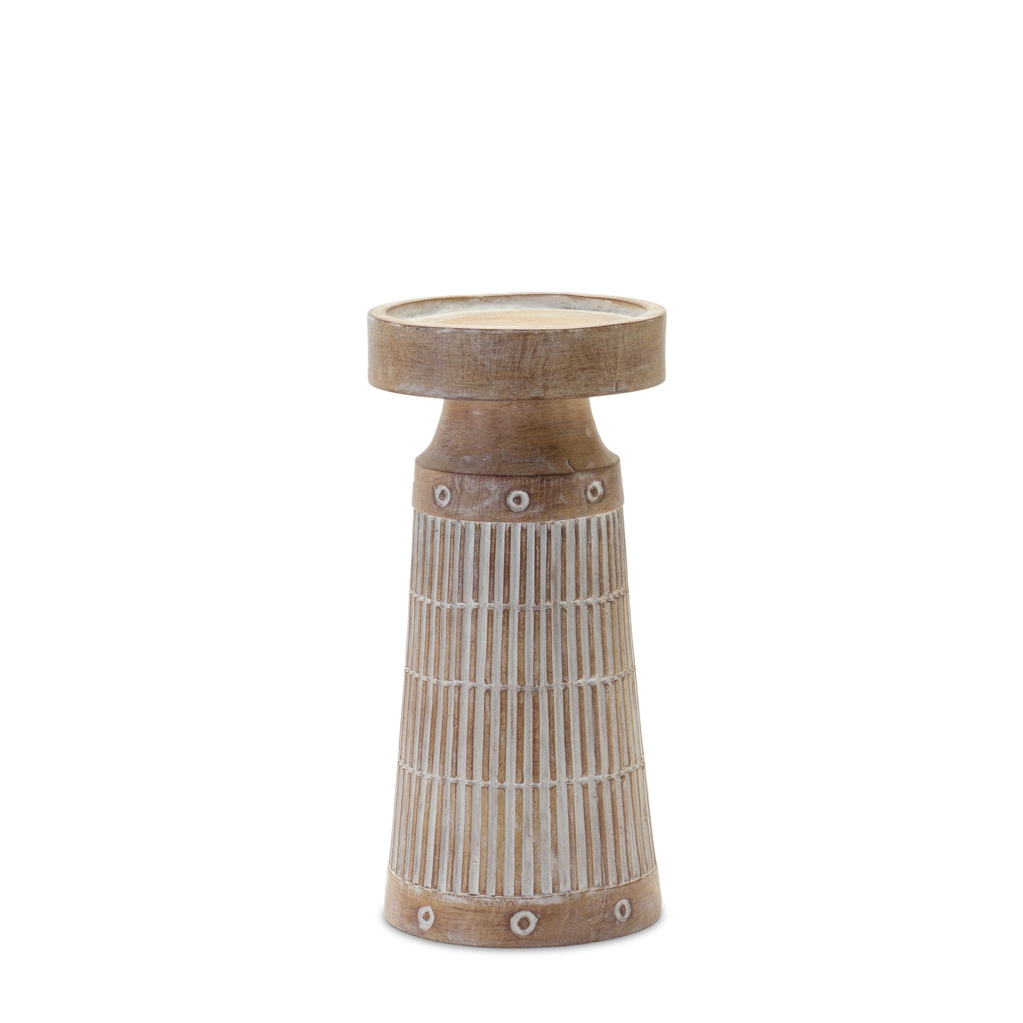 Set of Three Natural And White Distressed Geometric Polyresin Tabletop Pillar Candle Holders-Candle Holders-DECOROLALA