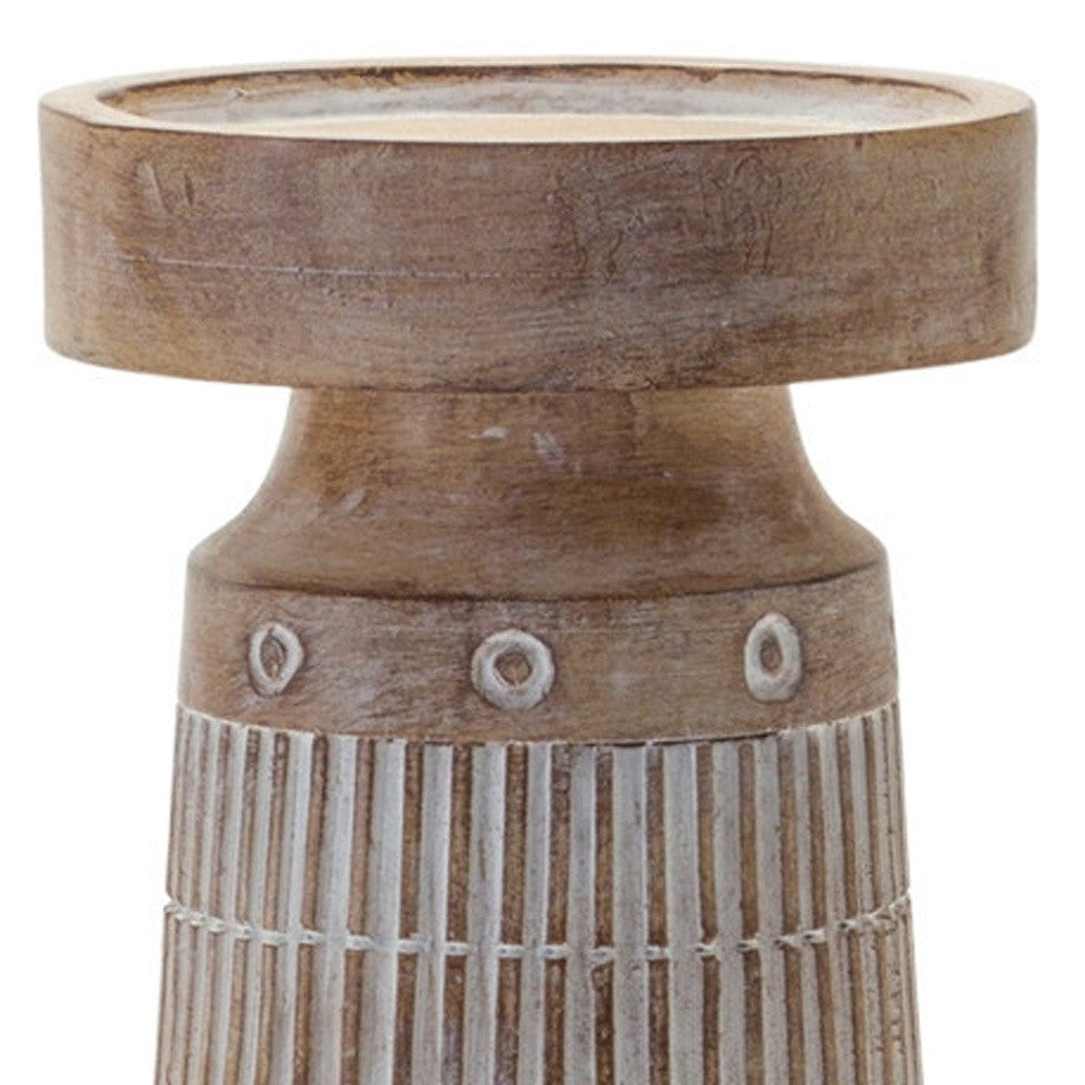 Set of Three Natural And White Distressed Geometric Polyresin Tabletop Pillar Candle Holders-Candle Holders-DECOROLALA