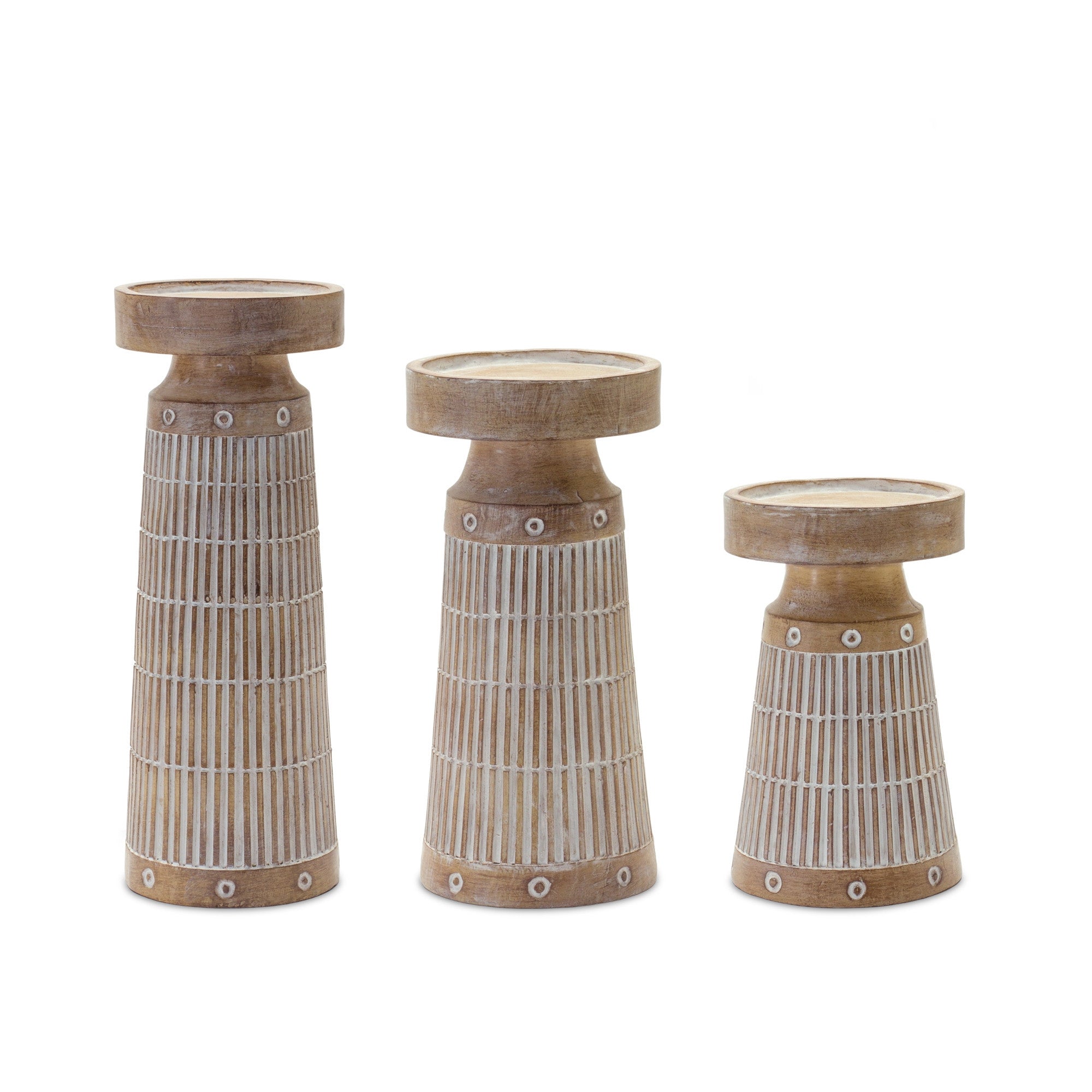 Set of Three Natural And White Distressed Geometric Polyresin Tabletop Pillar Candle Holders-Candle Holders-DECOROLALA