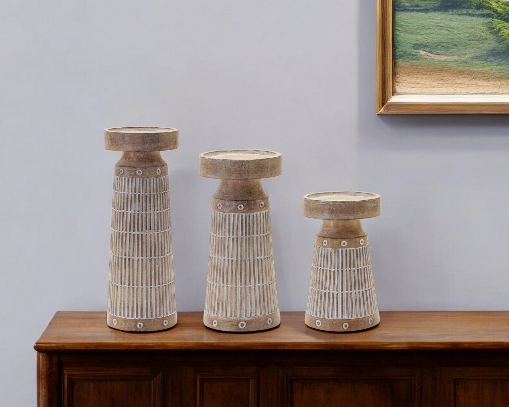 Set of Three Natural And White Distressed Geometric Polyresin Tabletop Pillar Candle Holders-Candle Holders-DECOROLALA