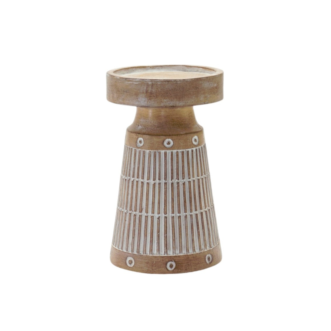 Set of Three Natural And White Distressed Geometric Polyresin Tabletop Pillar Candle Holders-Candle Holders-DECOROLALA