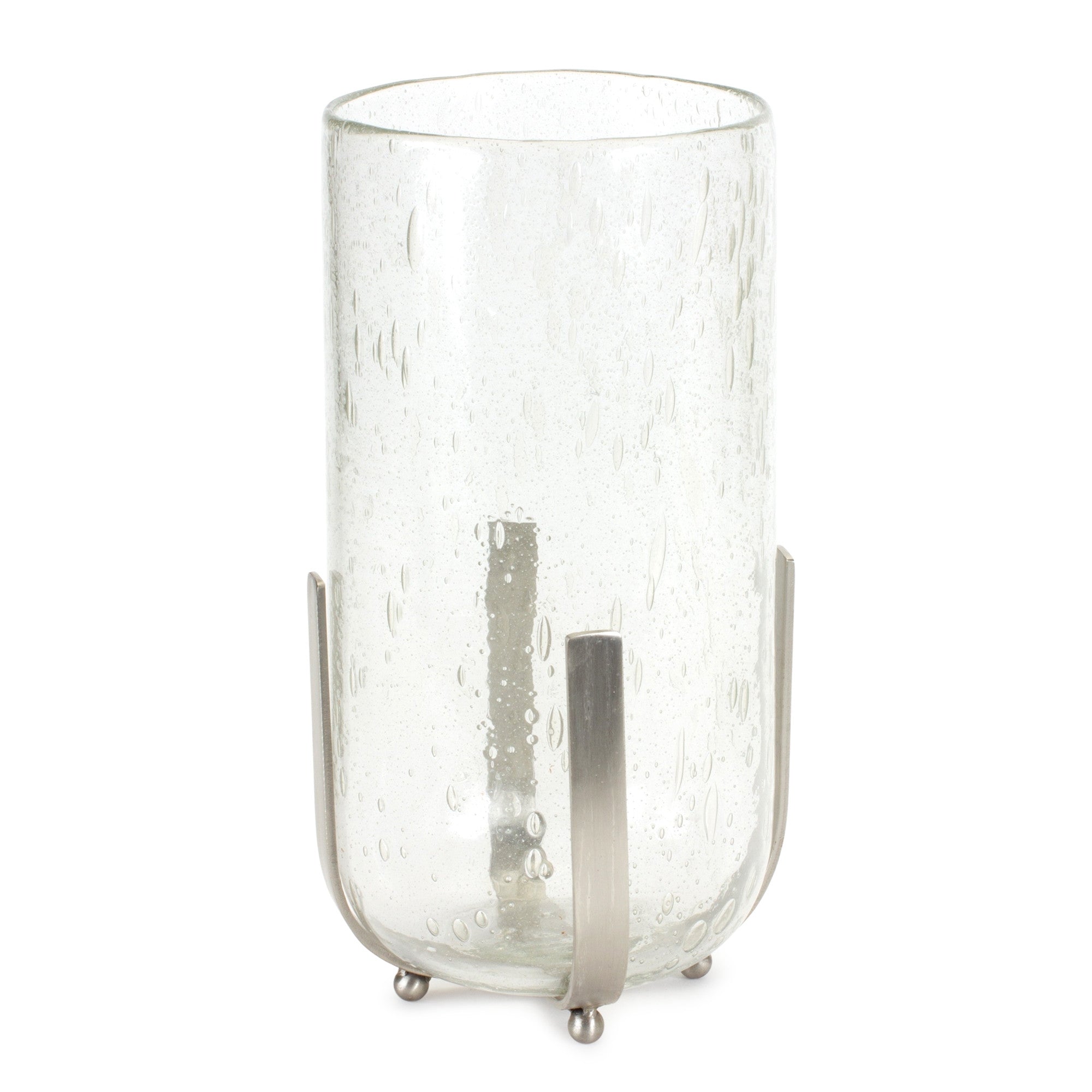 6" Silver And Clear Metal And Glass Tabletop Hurricane Candle Holder-Candle Holders-DECOROLALA