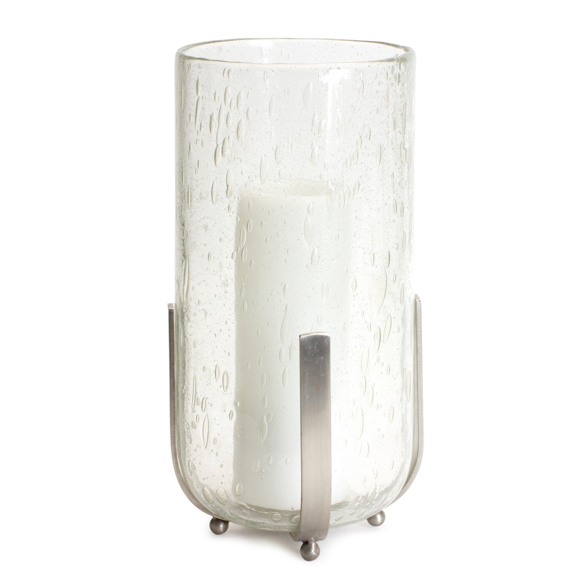 6" Silver And Clear Metal And Glass Tabletop Hurricane Candle Holder-Candle Holders-DECOROLALA