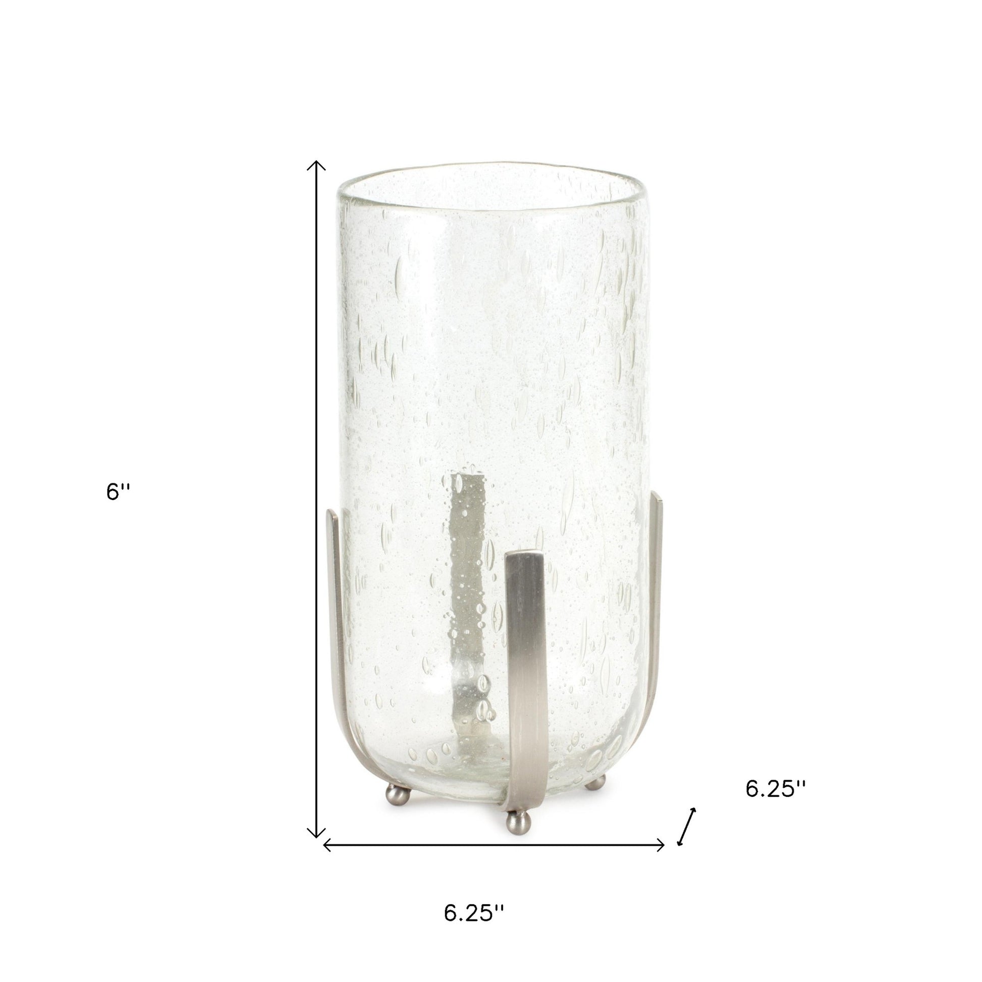 6" Silver And Clear Metal And Glass Tabletop Hurricane Candle Holder-Candle Holders-DECOROLALA