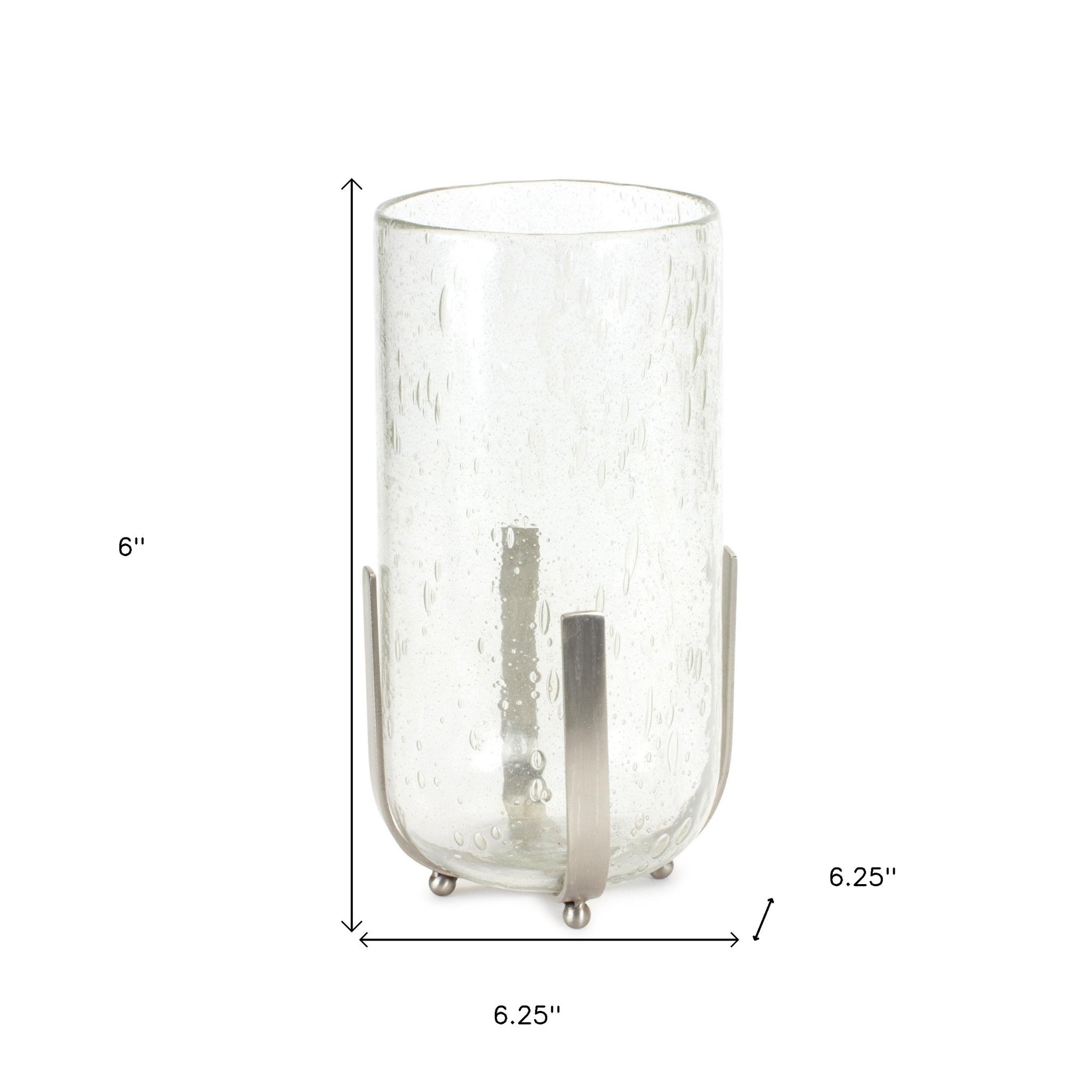 6" Silver And Clear Metal And Glass Tabletop Hurricane Candle Holder-Candle Holders-DECOROLALA