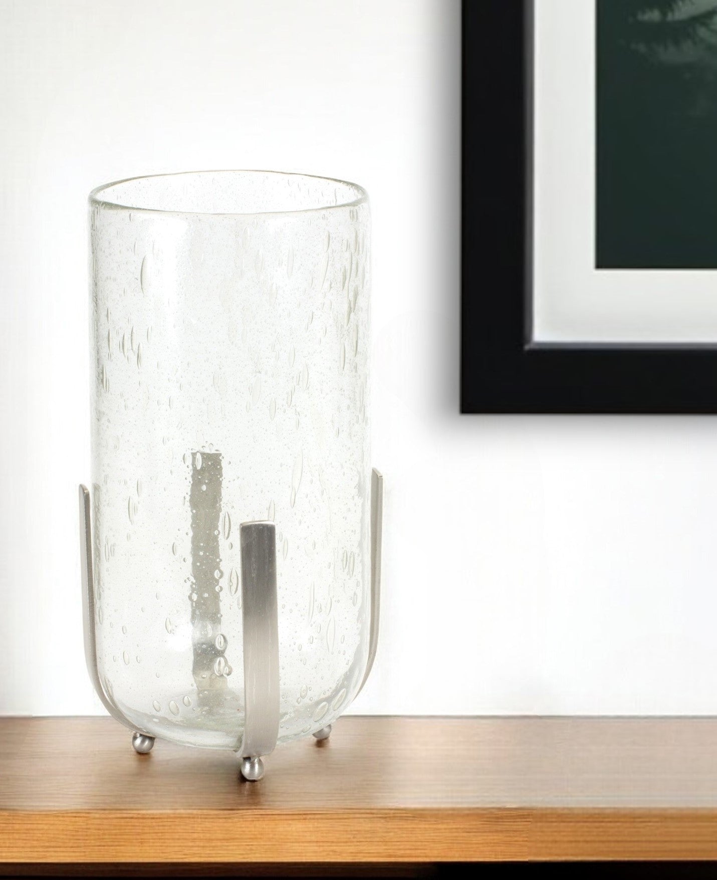6" Silver And Clear Metal And Glass Tabletop Hurricane Candle Holder-Candle Holders-DECOROLALA