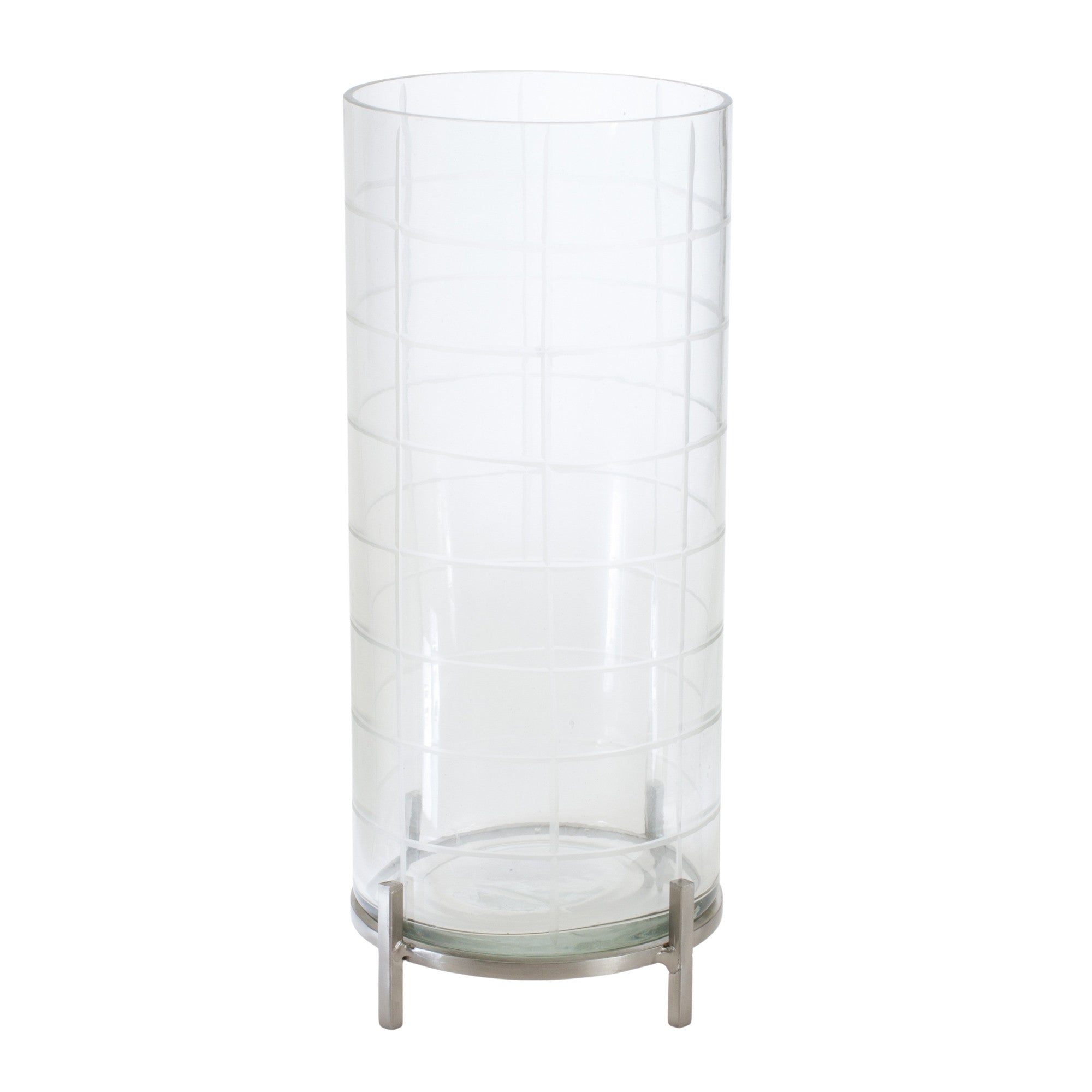 12" Silver And Clear Geometric Iron And Glass Tabletop Hurricane Candle Holder-Candle Holders-DECOROLALA