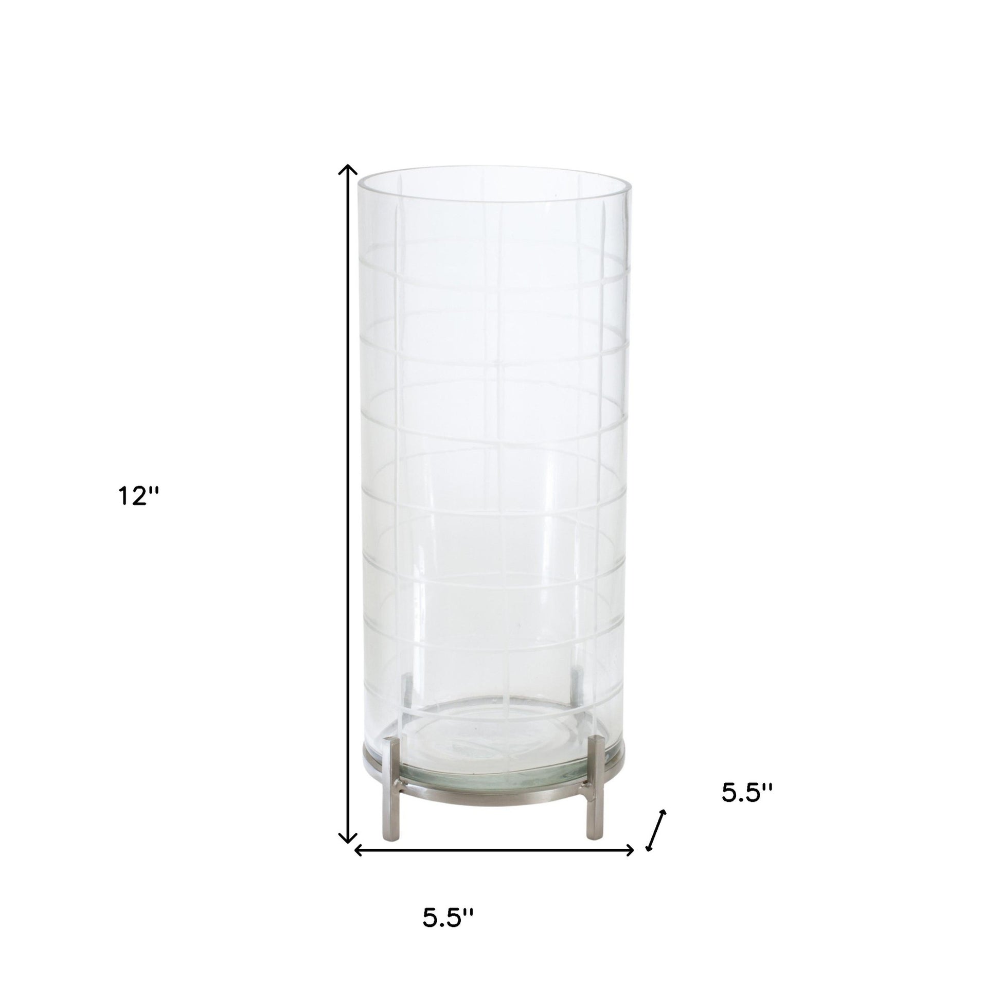 12" Silver And Clear Geometric Iron And Glass Tabletop Hurricane Candle Holder-Candle Holders-DECOROLALA