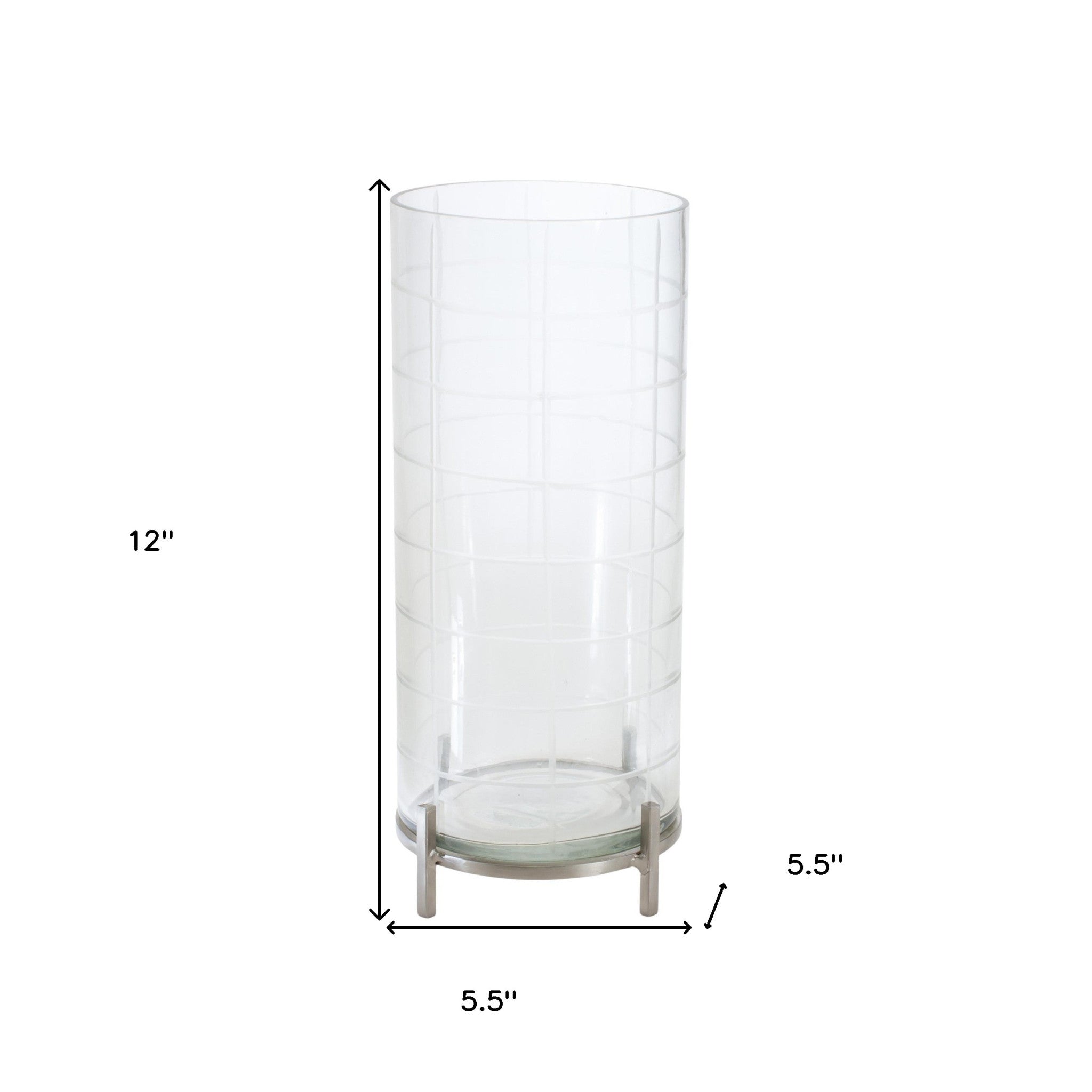 12" Silver And Clear Geometric Iron And Glass Tabletop Hurricane Candle Holder-Candle Holders-DECOROLALA