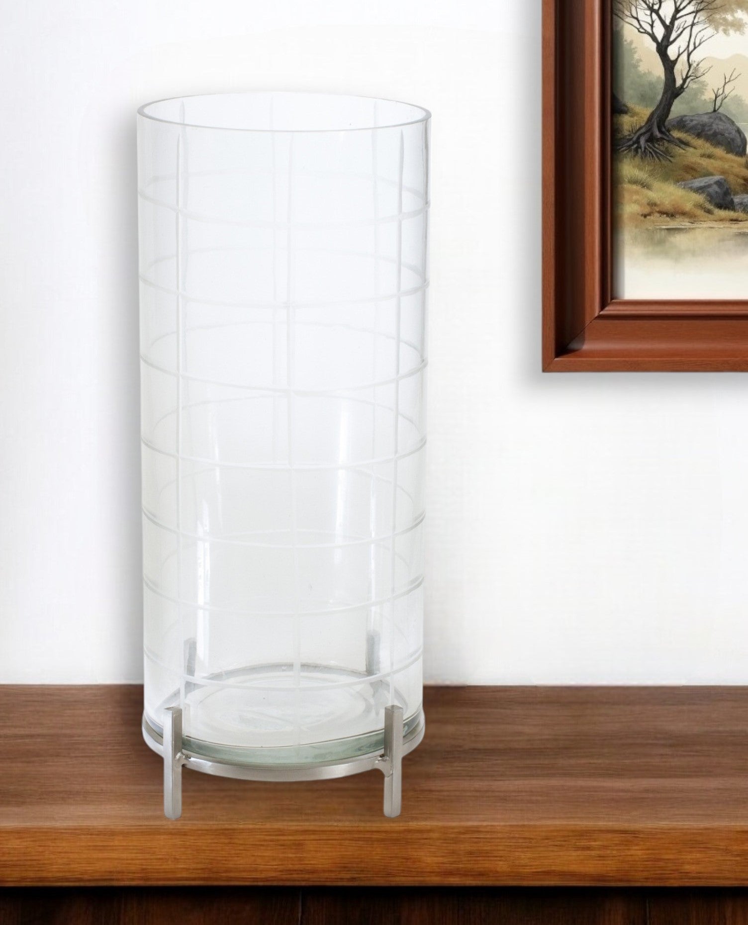 12" Silver And Clear Geometric Iron And Glass Tabletop Hurricane Candle Holder-Candle Holders-DECOROLALA