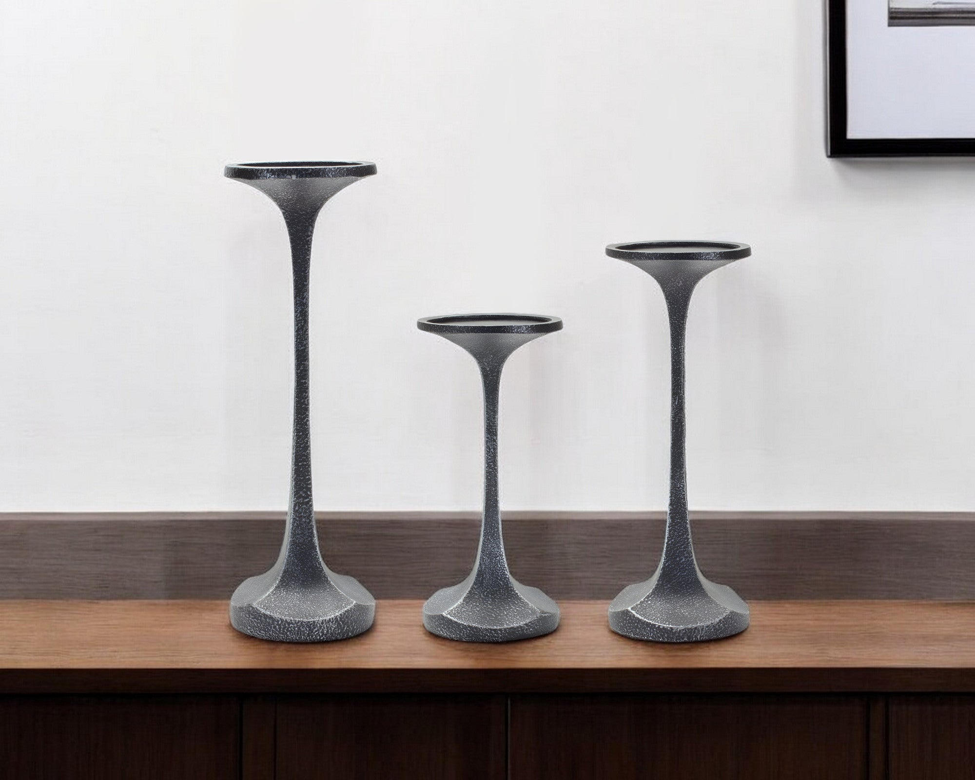 Set of Three Dark Gray Distressed Abstract Polyresin Tabletop Pillar Candle Holders-Candle Holders-DECOROLALA