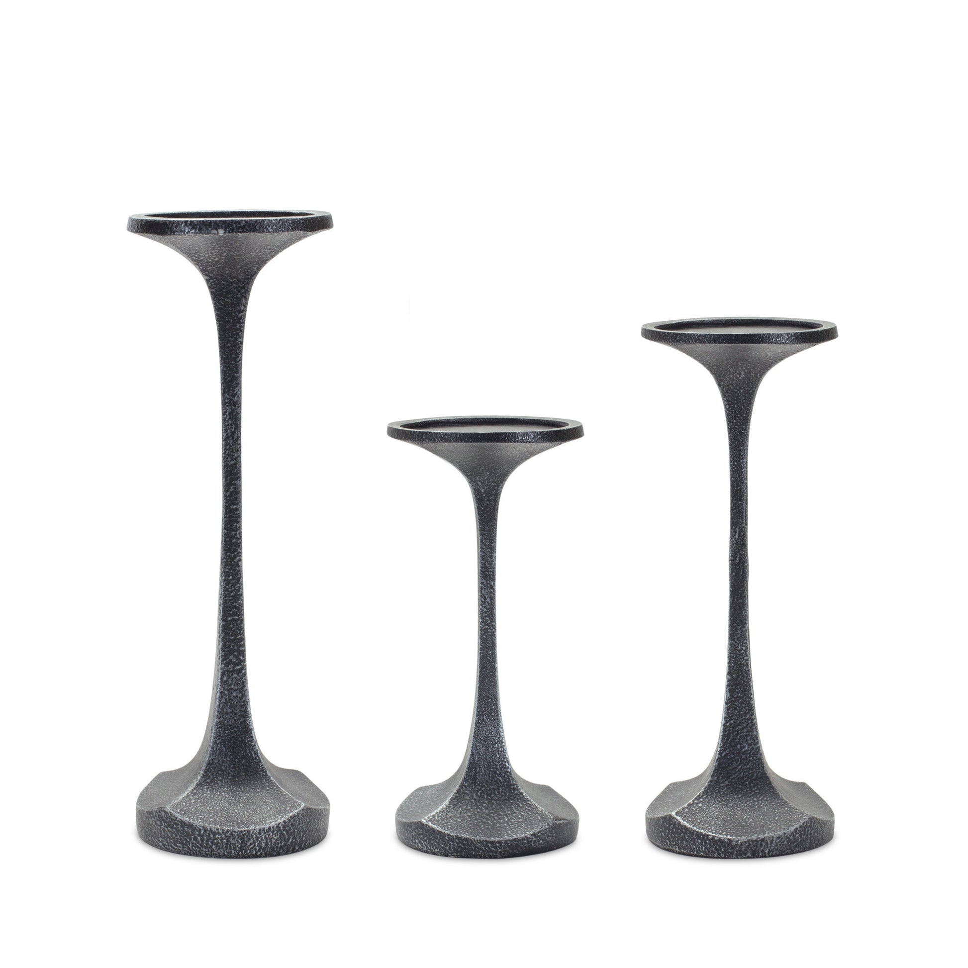 Set of Three Dark Gray Distressed Abstract Polyresin Tabletop Pillar Candle Holders-Candle Holders-DECOROLALA