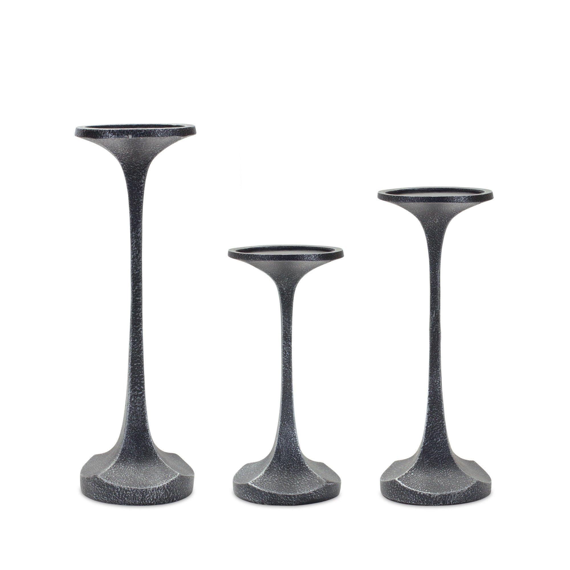 Set of Three Dark Gray Distressed Abstract Polyresin Tabletop Pillar Candle Holders-Candle Holders-DECOROLALA