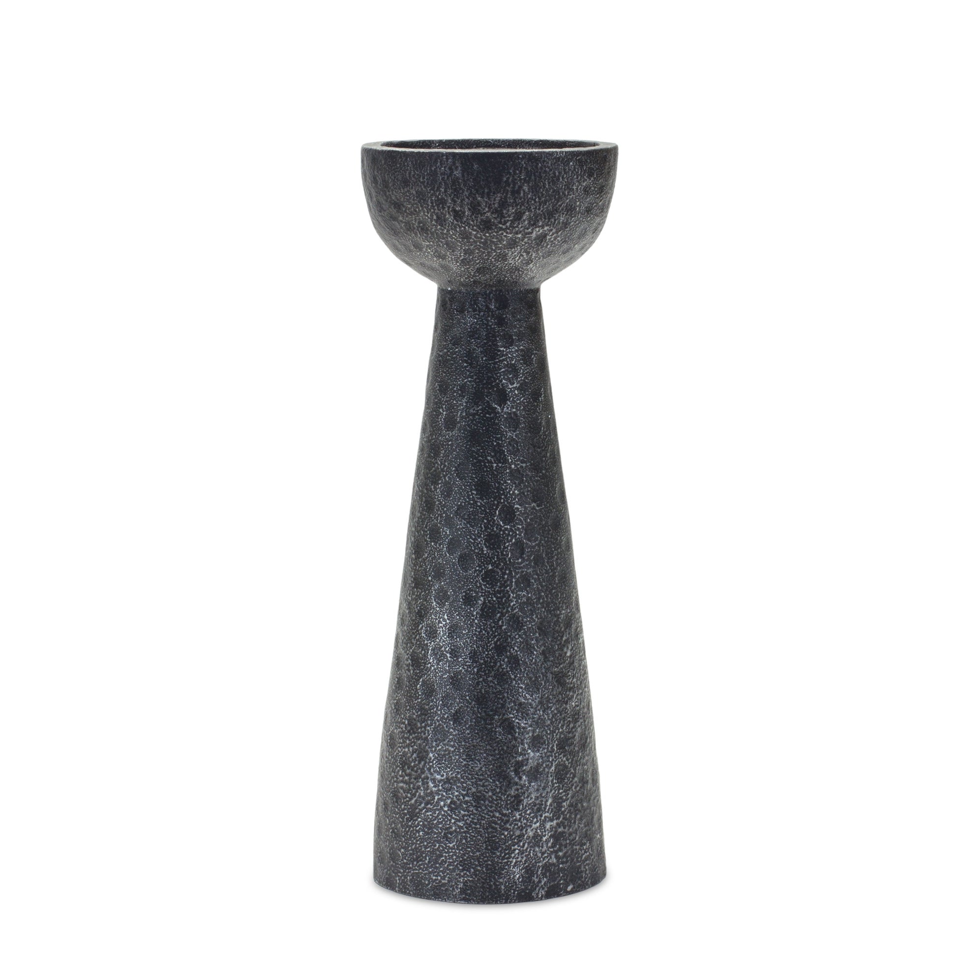 Set of Two Black Distressed Hammered Polyresin Tabletop Pillar Candle Holders-Candle Holders-DECOROLALA