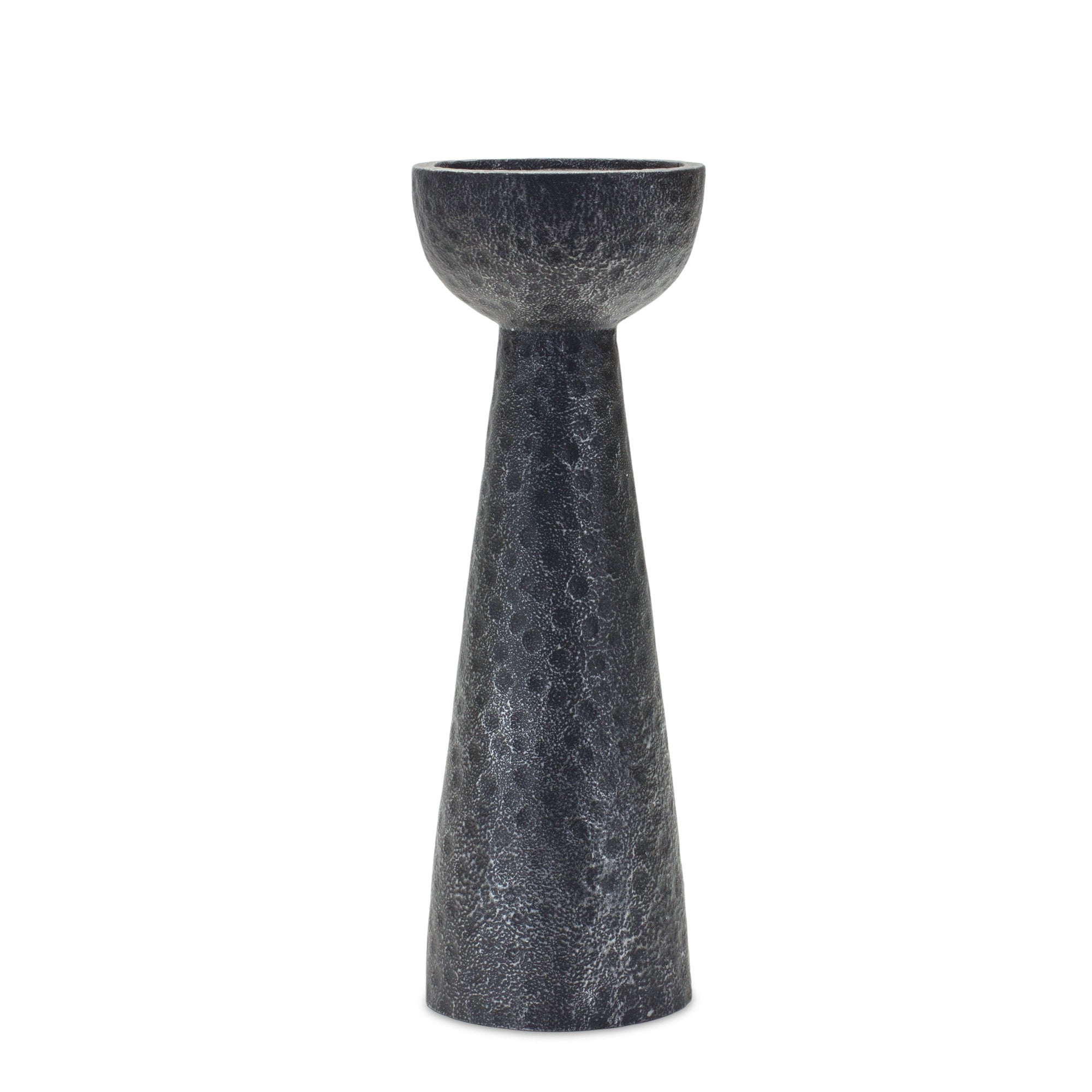 Set of Two Black Distressed Hammered Polyresin Tabletop Pillar Candle Holders-Candle Holders-DECOROLALA