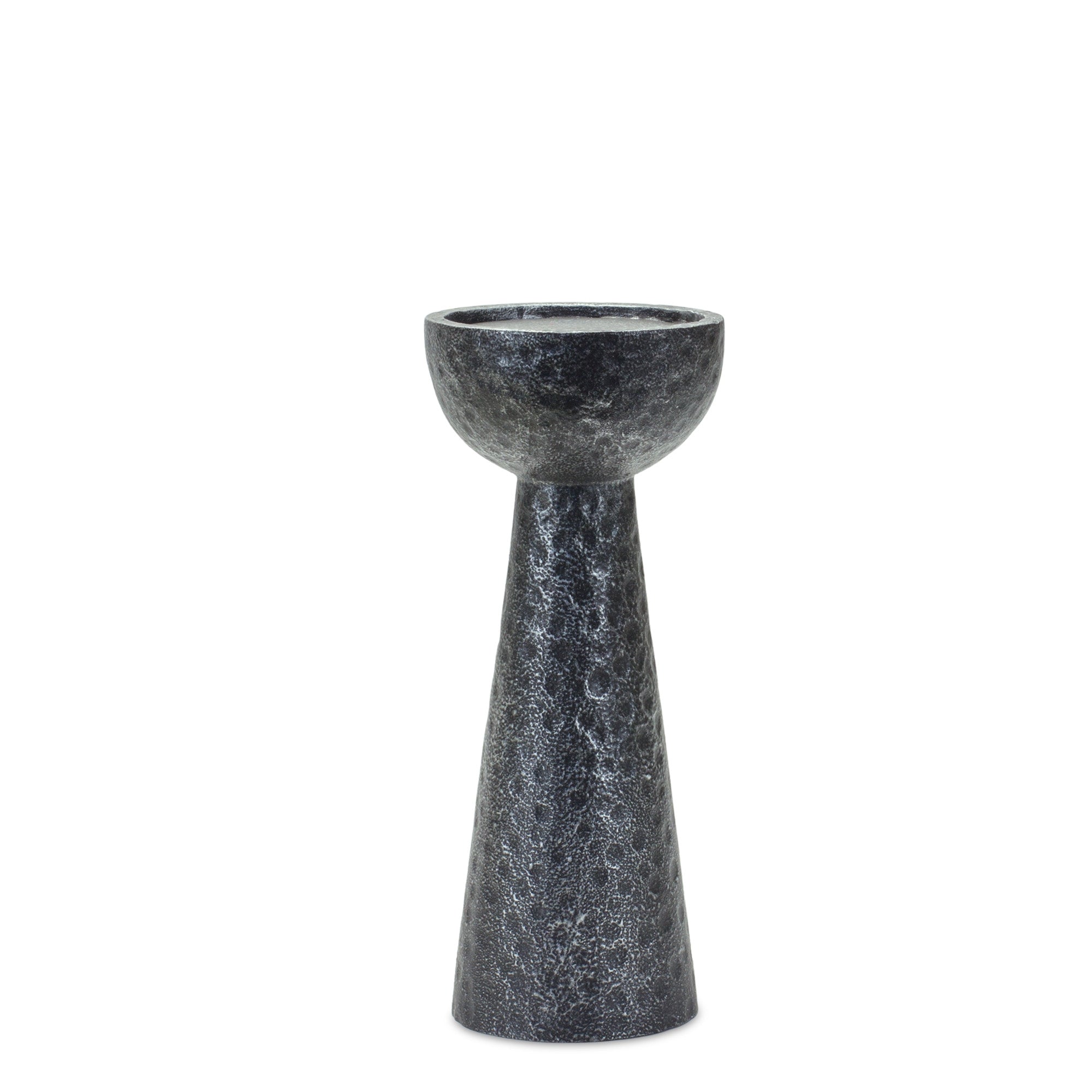 Set of Two Black Distressed Hammered Polyresin Tabletop Pillar Candle Holders-Candle Holders-DECOROLALA