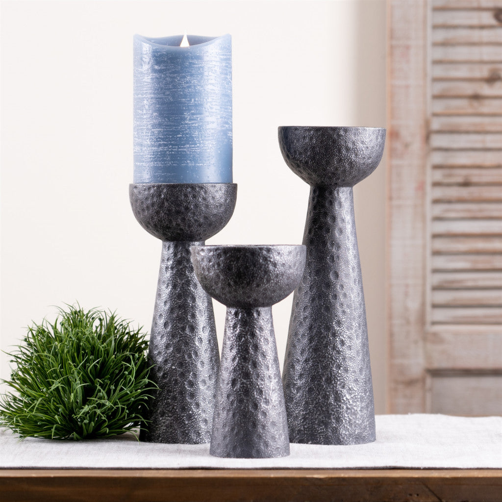 Set of Two Black Distressed Hammered Polyresin Tabletop Pillar Candle Holders-Candle Holders-DECOROLALA