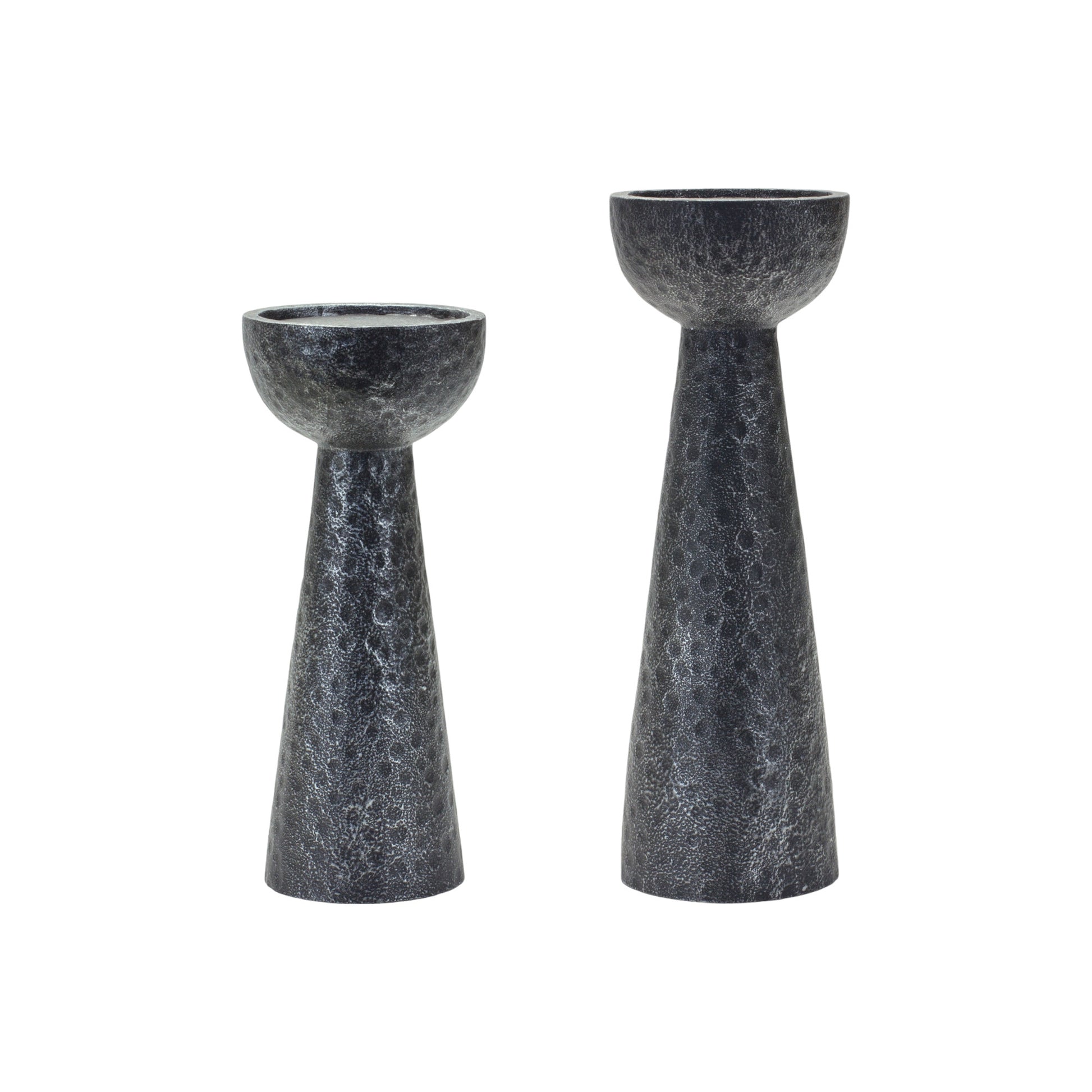 Set of Two Black Distressed Hammered Polyresin Tabletop Pillar Candle Holders-Candle Holders-DECOROLALA